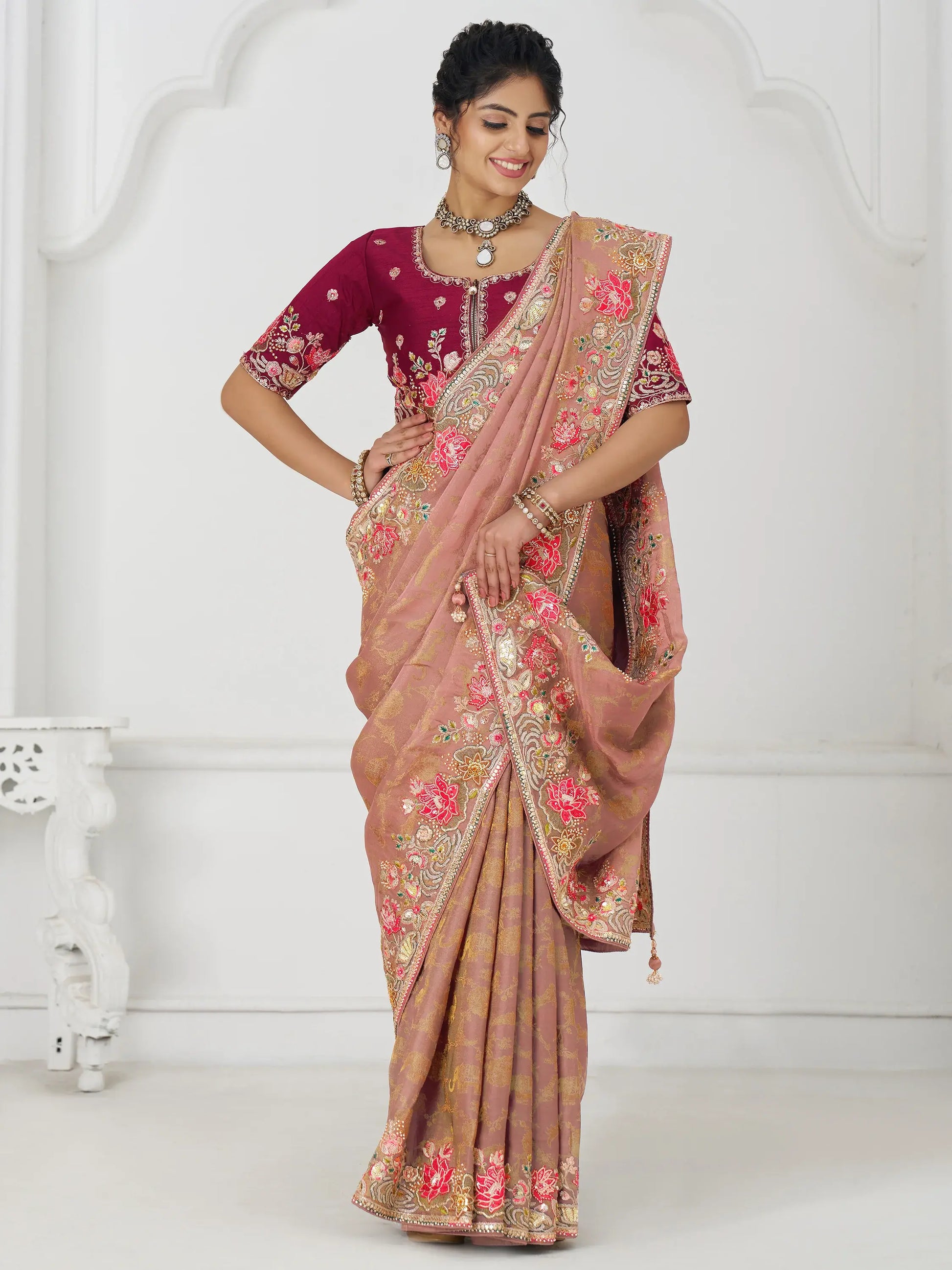Stunning Peach Multi-Thread Work Dola Silk Traditional Saree With Blouse - Zeel Clothing