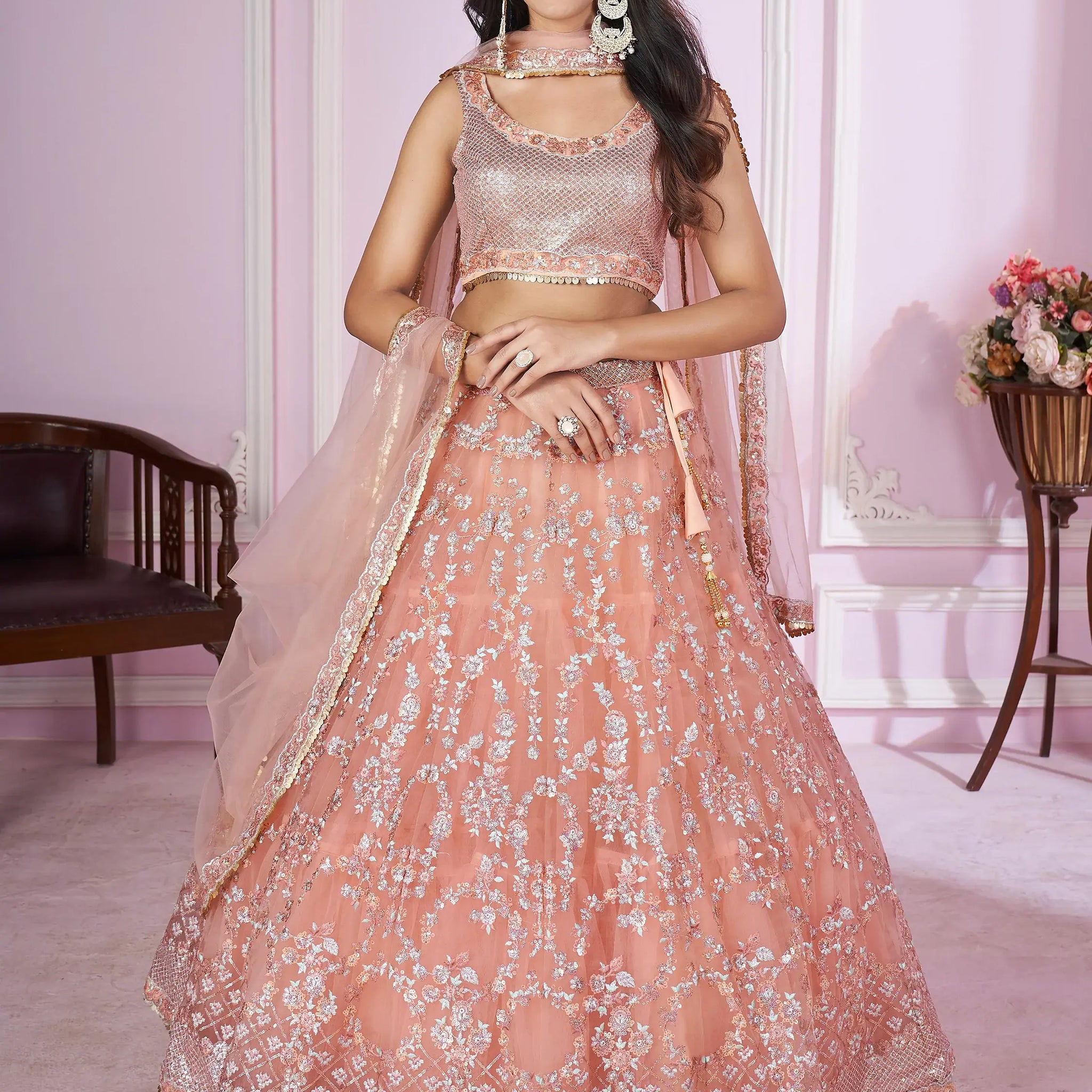 Stunning Peach Sequins Net Bridesmaid Lehenga Choli With Dupatta - Zeel Clothing