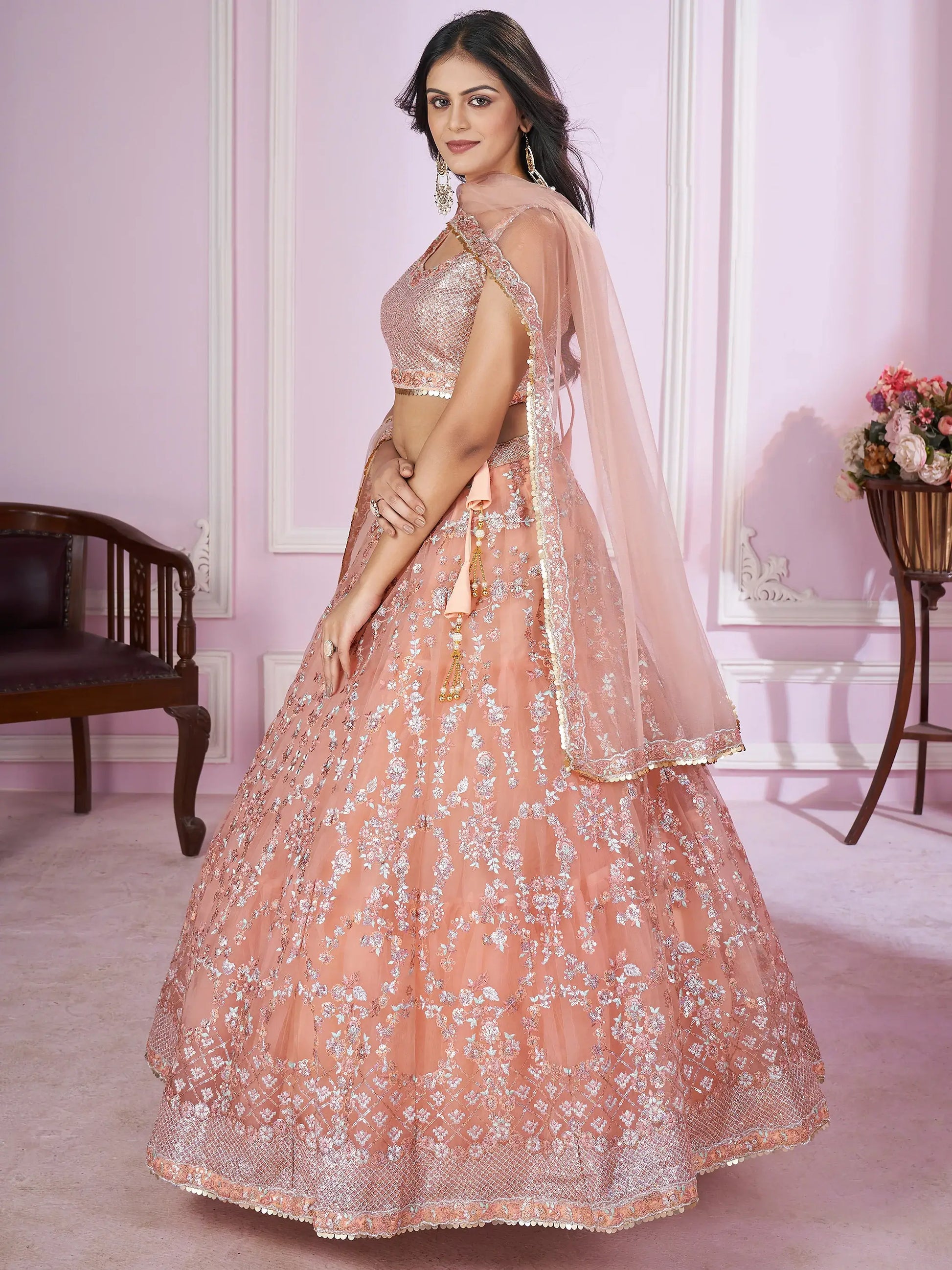 Stunning Peach Sequins Net Bridesmaid Lehenga Choli With Dupatta - Zeel Clothing
