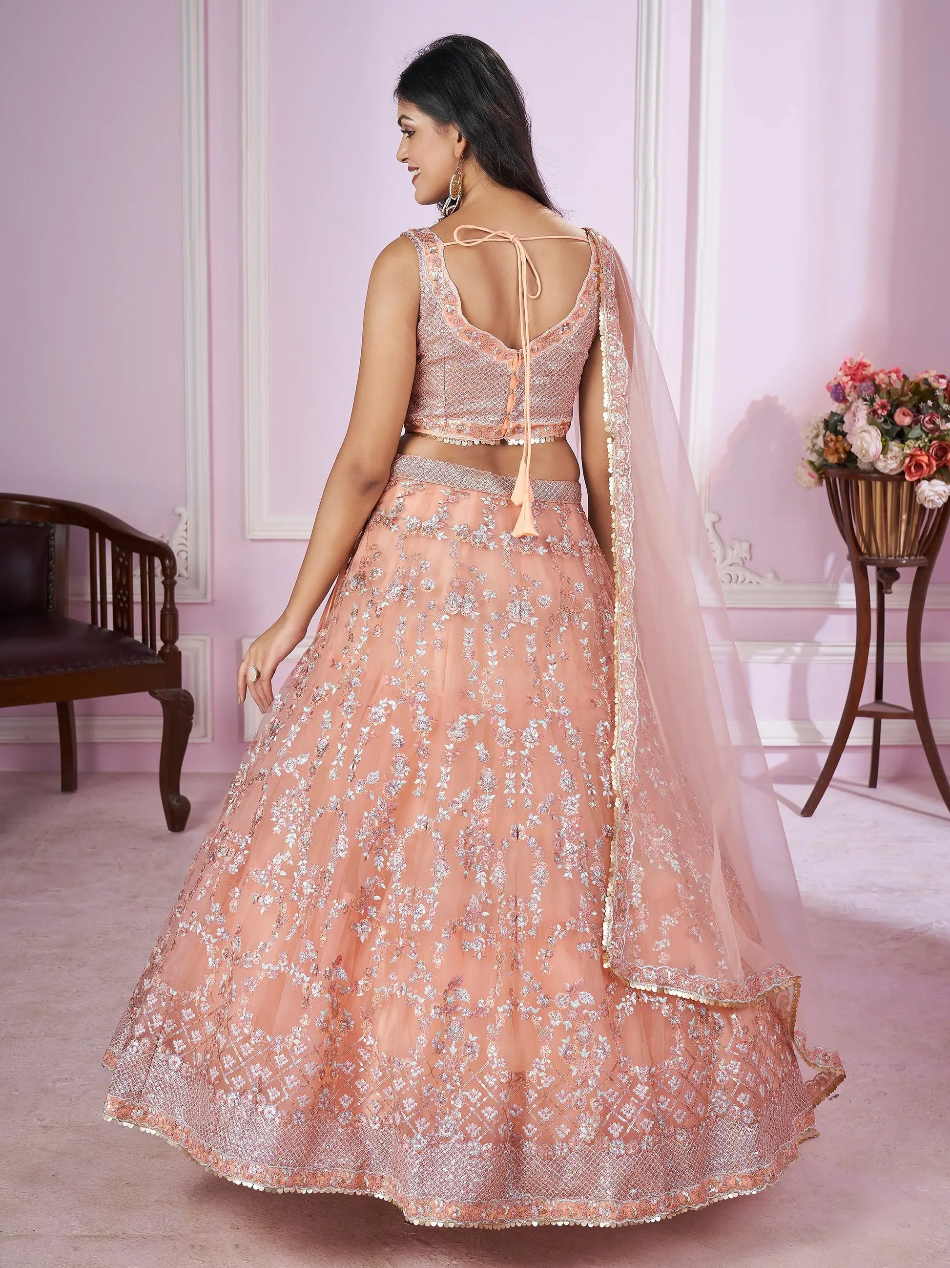 Stunning Peach Sequins Net Bridesmaid Lehenga Choli With Dupatta - Zeel Clothing