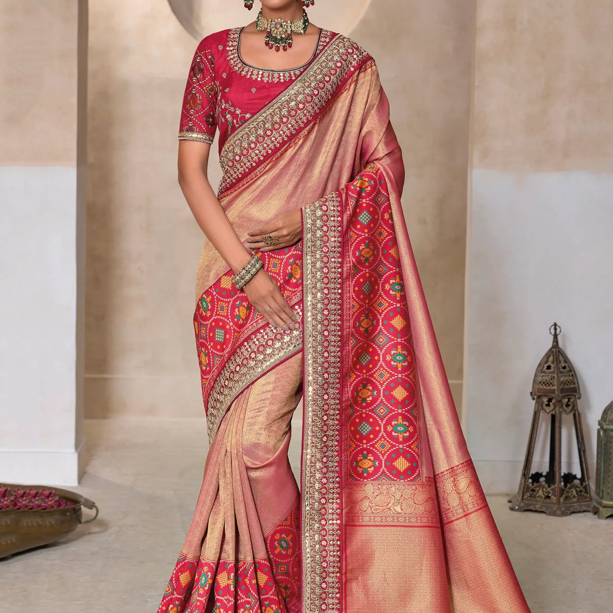 Stunning Peach Weaving Kanjivaram Silk Traditional Saree With Blouse - Zeel Clothing