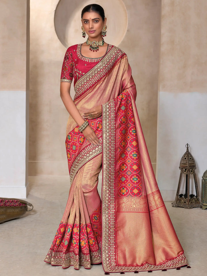 Stunning Peach Weaving Kanjivaram Silk Traditional Saree With Blouse - Zeel Clothing