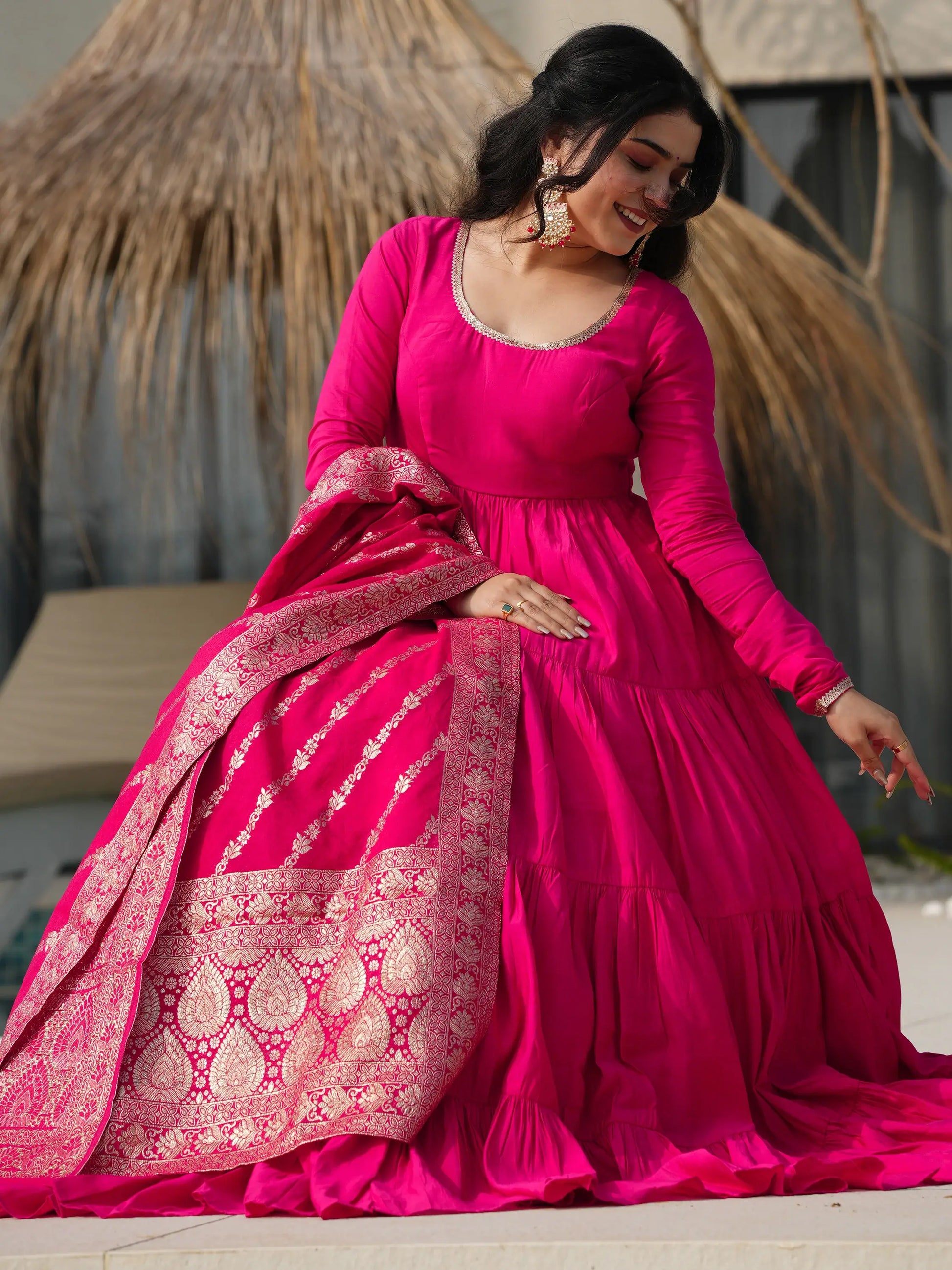 Stunning Pink Chanderi Anarkali Suit With Zari Weaving Dupatta - Zeel Clothing