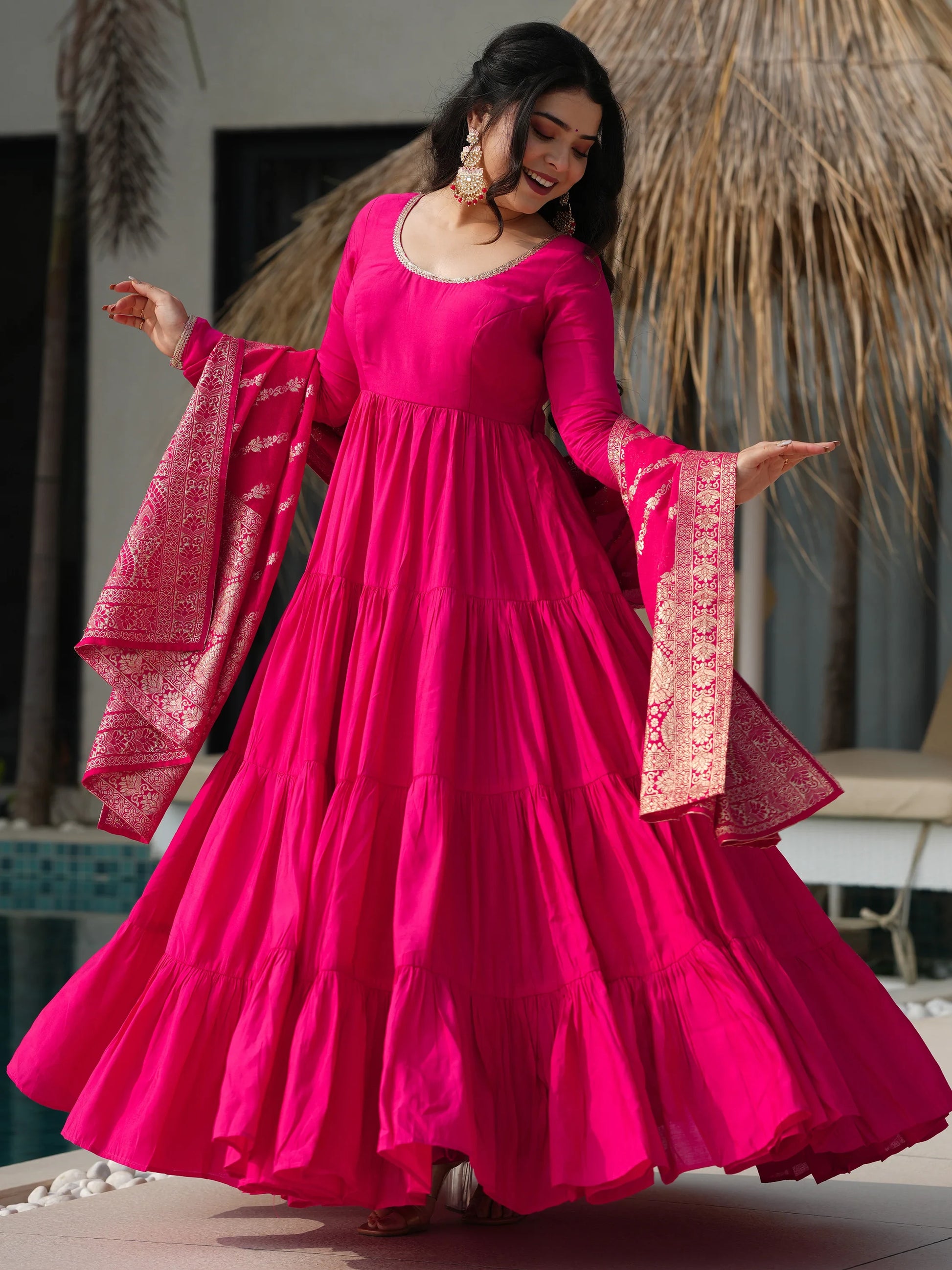 Stunning Pink Chanderi Anarkali Suit With Zari Weaving Dupatta - Zeel Clothing