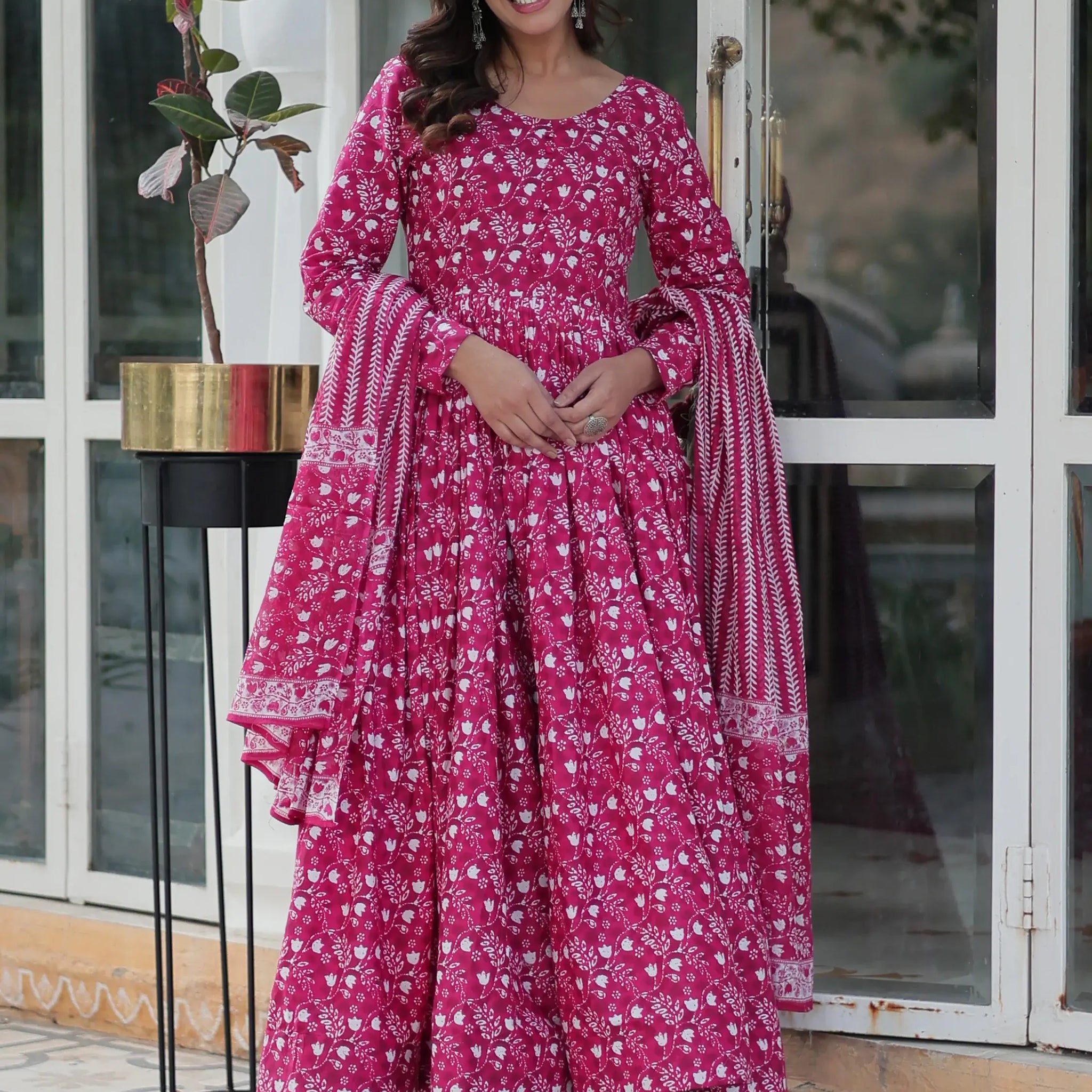 Stunning Pink Digital Printed Cotton Casual Wear Gown With Dupatta - Zeel Clothing