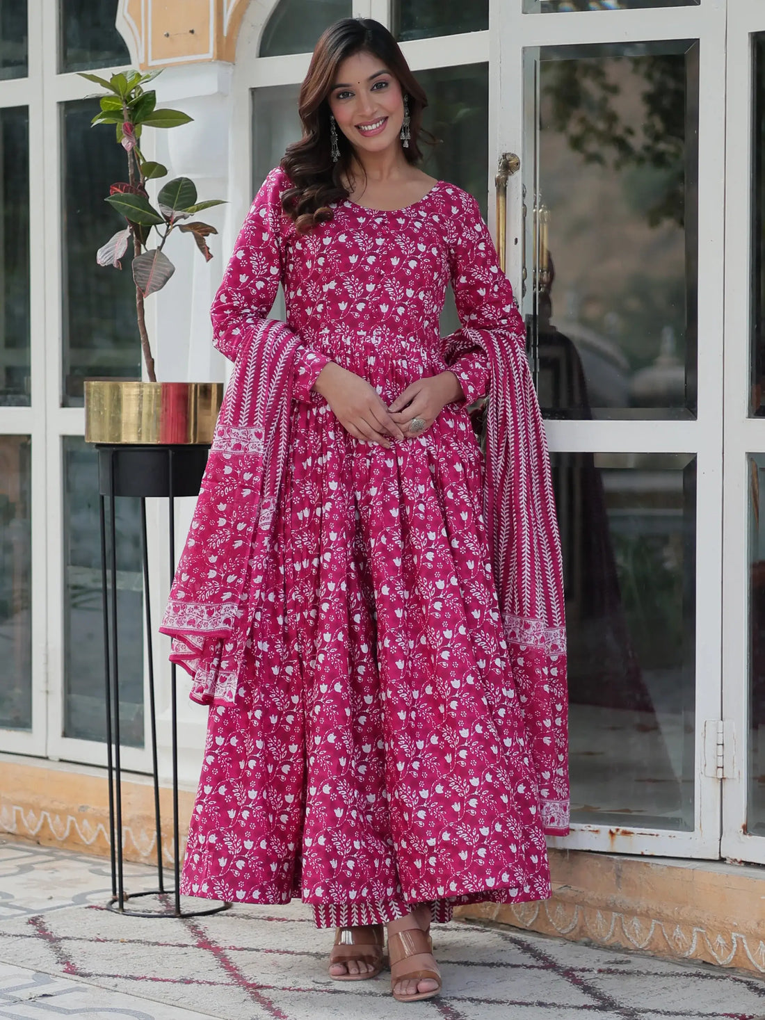 Stunning Pink Digital Printed Cotton Casual Wear Gown With Dupatta - Zeel Clothing