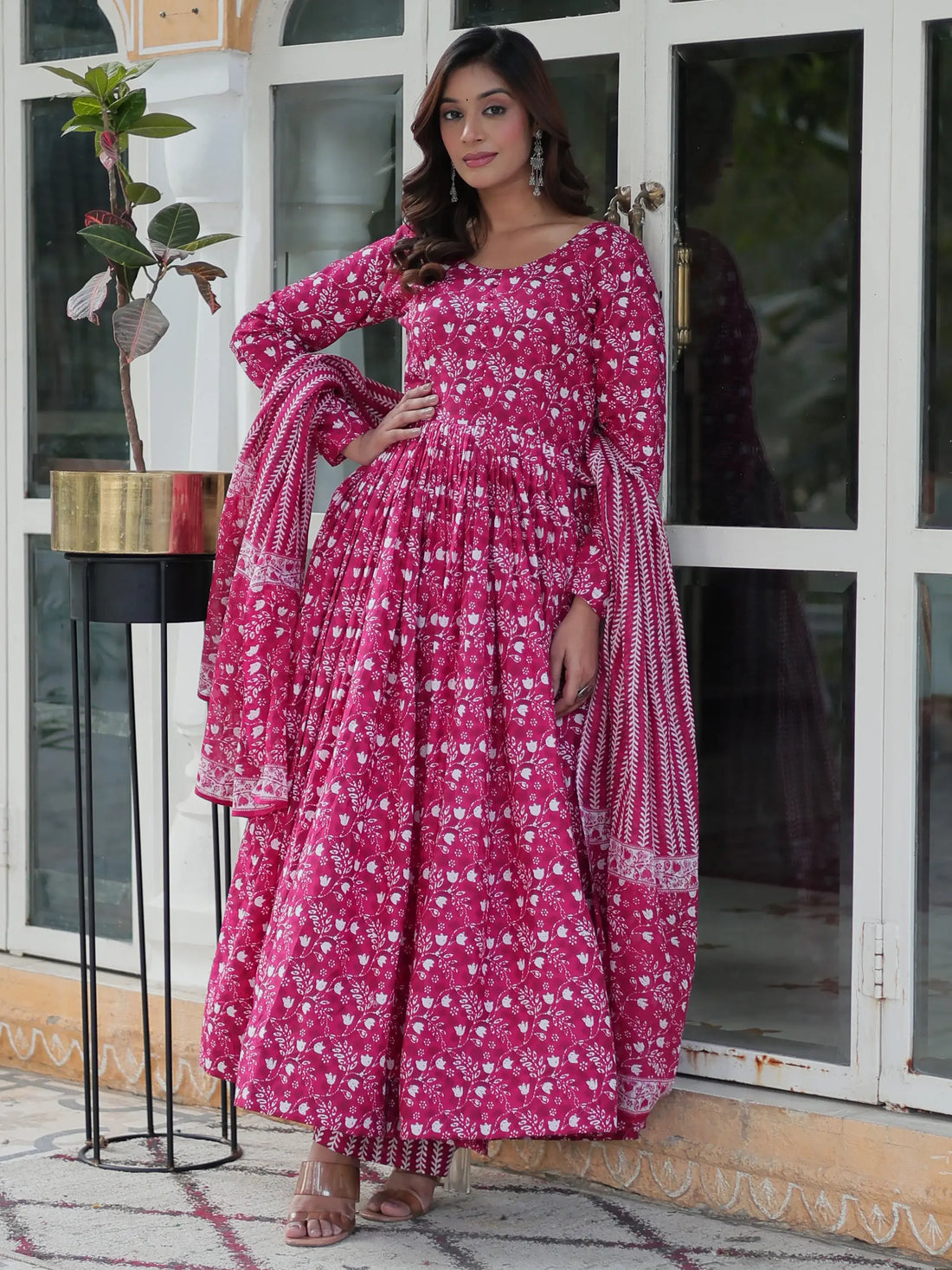 Stunning Pink Digital Printed Cotton Casual Wear Gown With Dupatta - Zeel Clothing