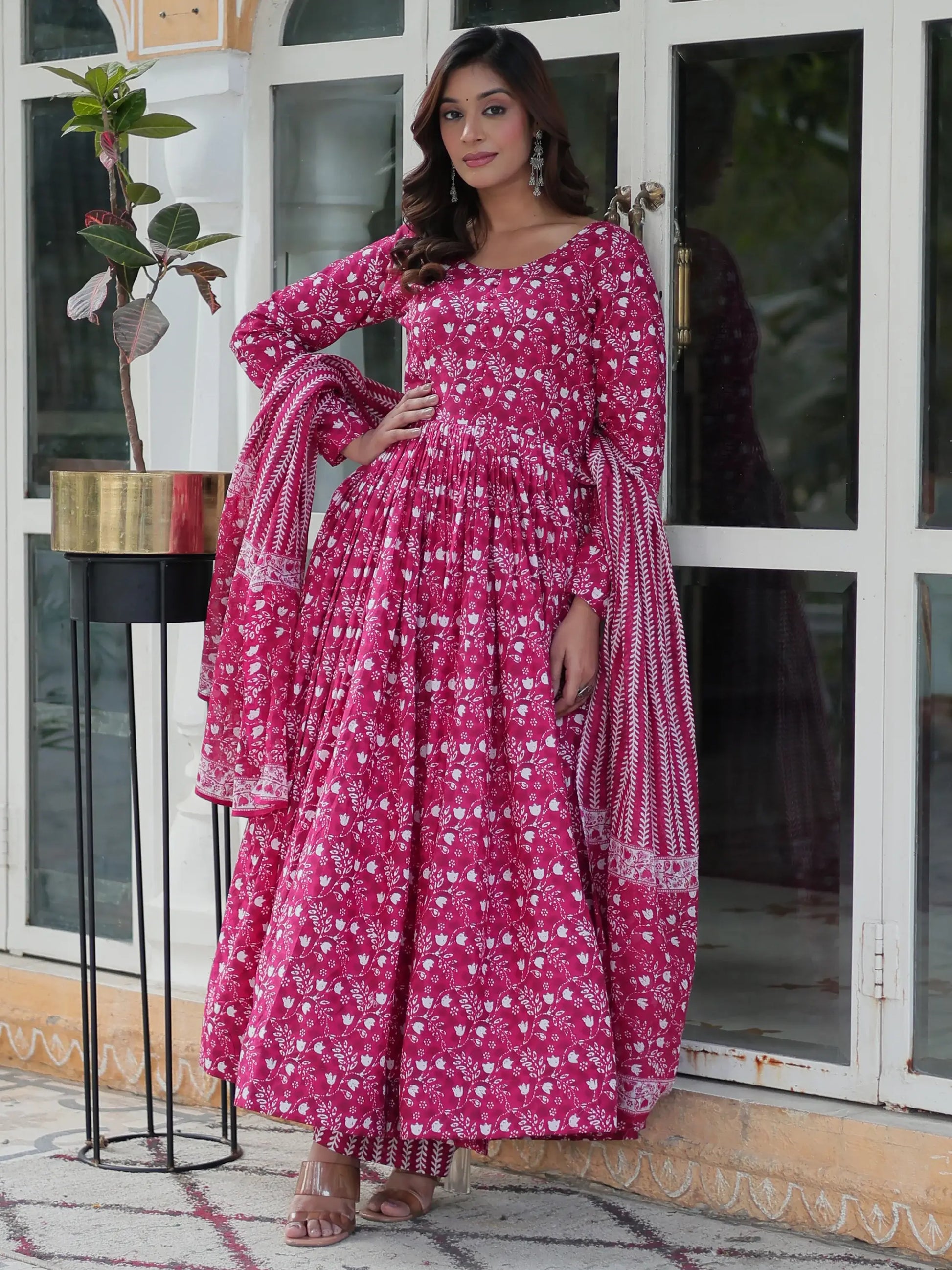 Stunning Pink Digital Printed Cotton Casual Wear Gown With Dupatta - Zeel Clothing