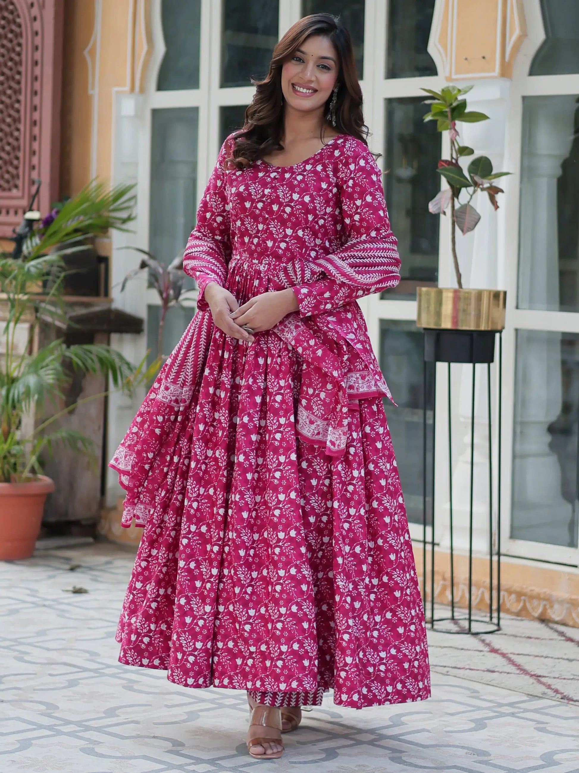 Stunning Pink Digital Printed Cotton Casual Wear Gown With Dupatta - Zeel Clothing