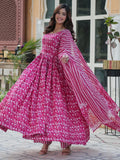 Stunning Pink Digital Printed Cotton Casual Wear Gown With Dupatta - Zeel Clothing