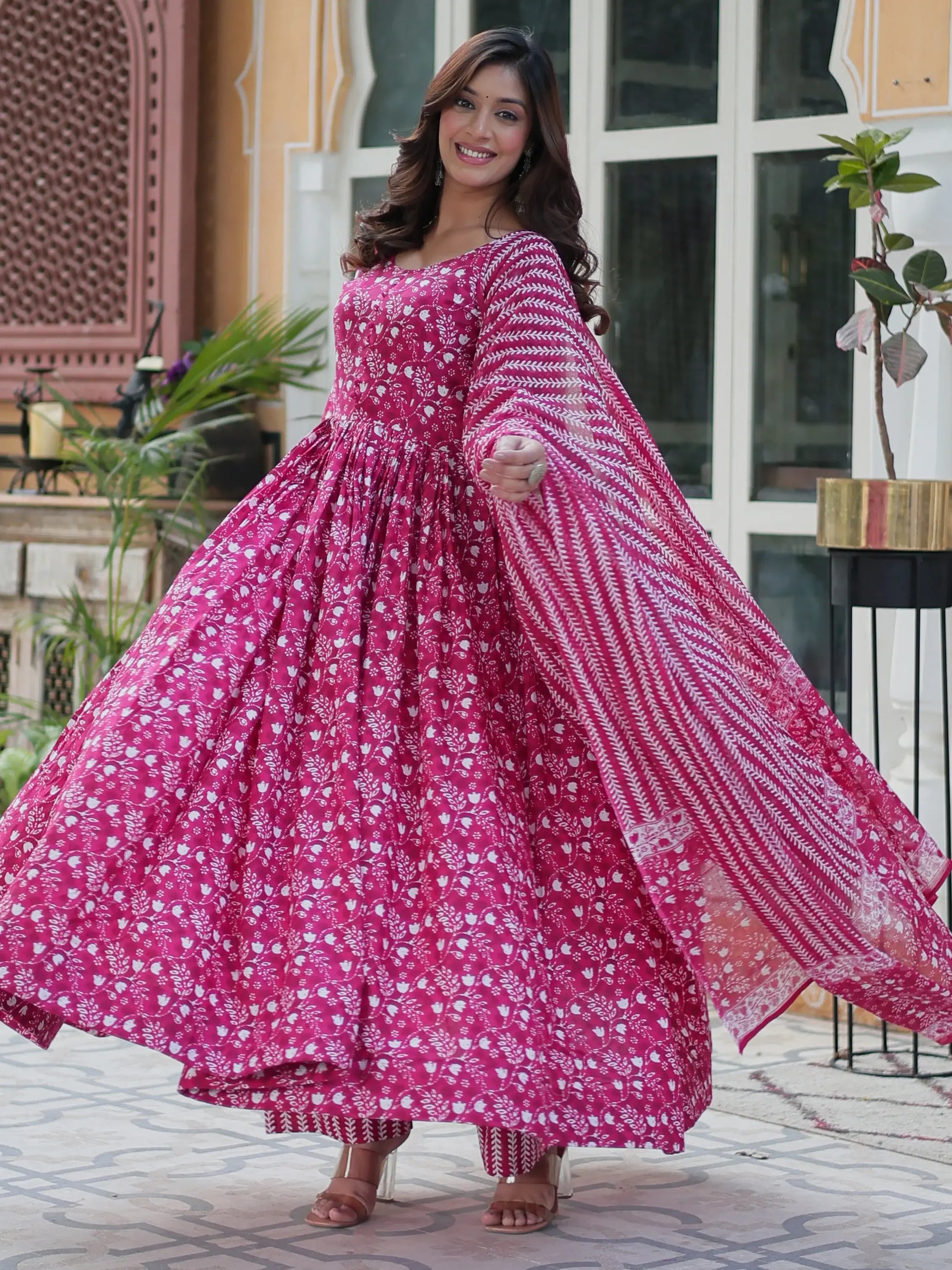 Stunning Pink Digital Printed Cotton Casual Wear Gown With Dupatta - Zeel Clothing