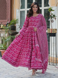 Stunning Pink Digital Printed Cotton Casual Wear Gown With Dupatta - Zeel Clothing