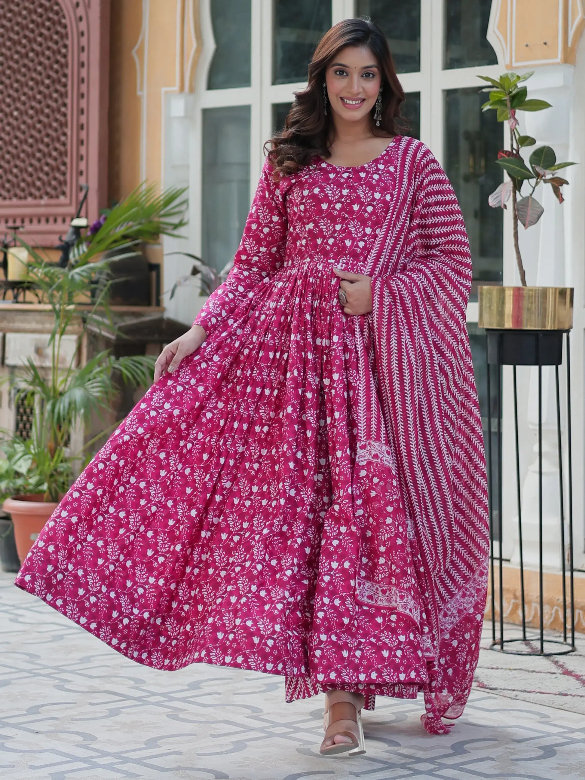 Stunning Pink Digital Printed Cotton Casual Wear Gown With Dupatta - Zeel Clothing