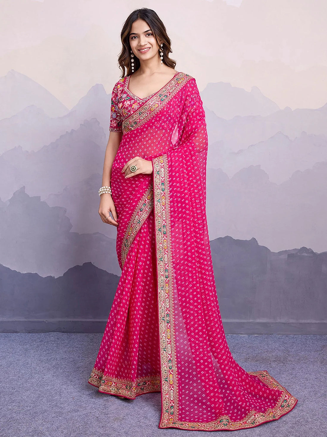Stunning Pink Embroidered Border Georgette Party Wear Saree With Blouse - Zeel Clothing