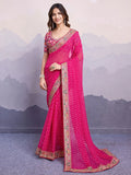 Stunning Pink Embroidered Border Georgette Party Wear Saree With Blouse - Zeel Clothing