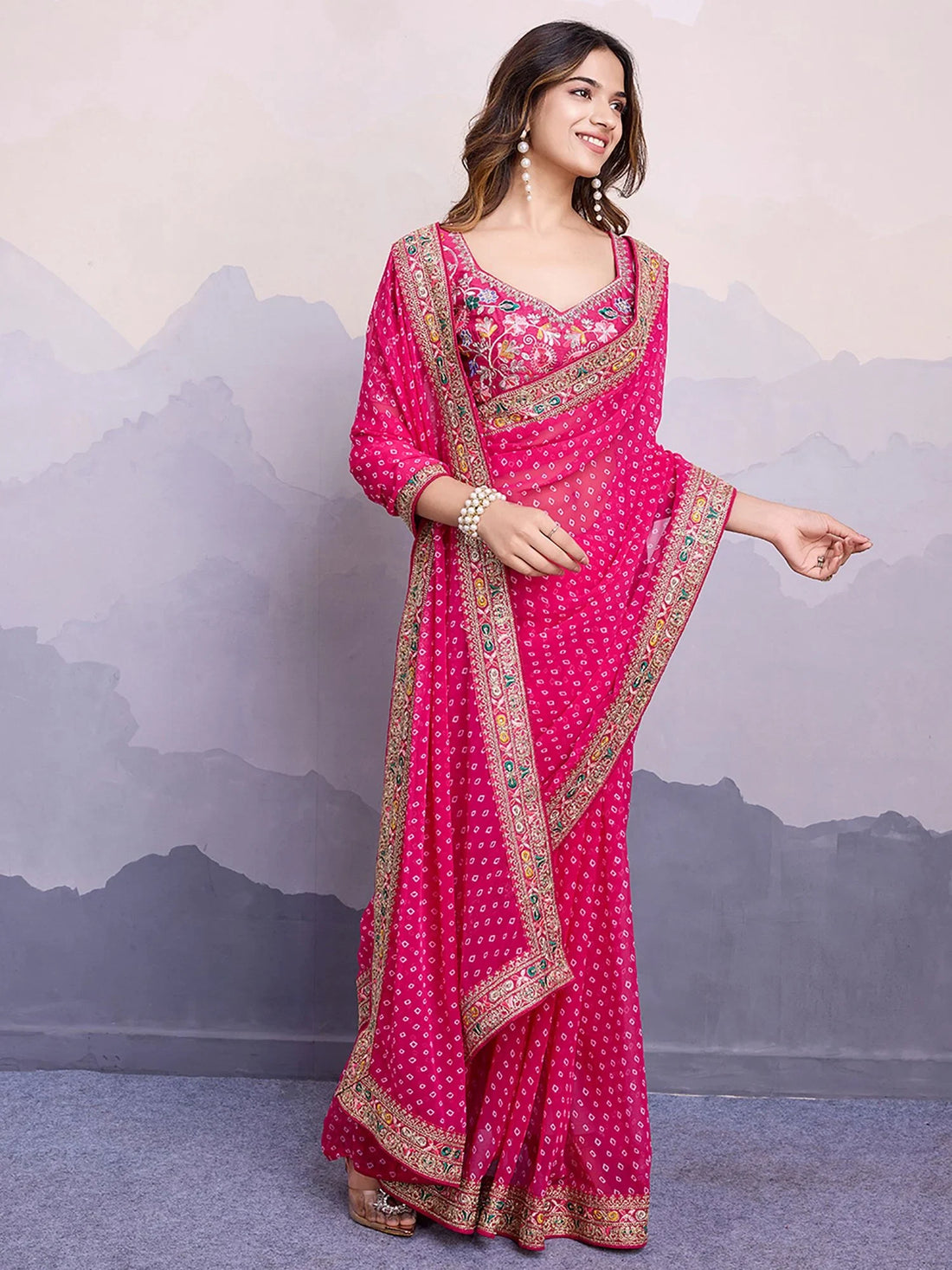 Stunning Pink Embroidered Border Georgette Party Wear Saree With Blouse - Zeel Clothing