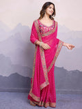 Stunning Pink Embroidered Border Georgette Party Wear Saree With Blouse - Zeel Clothing