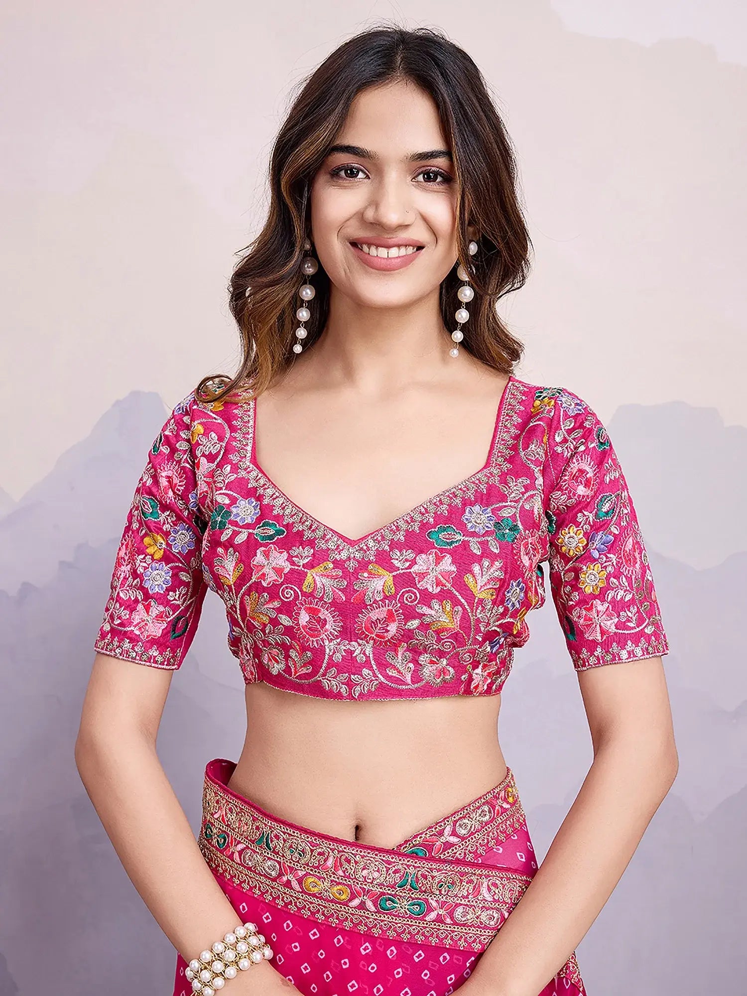 Stunning Pink Embroidered Border Georgette Party Wear Saree With Blouse - Zeel Clothing