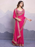 Stunning Pink Embroidered Border Georgette Party Wear Saree With Blouse - Zeel Clothing