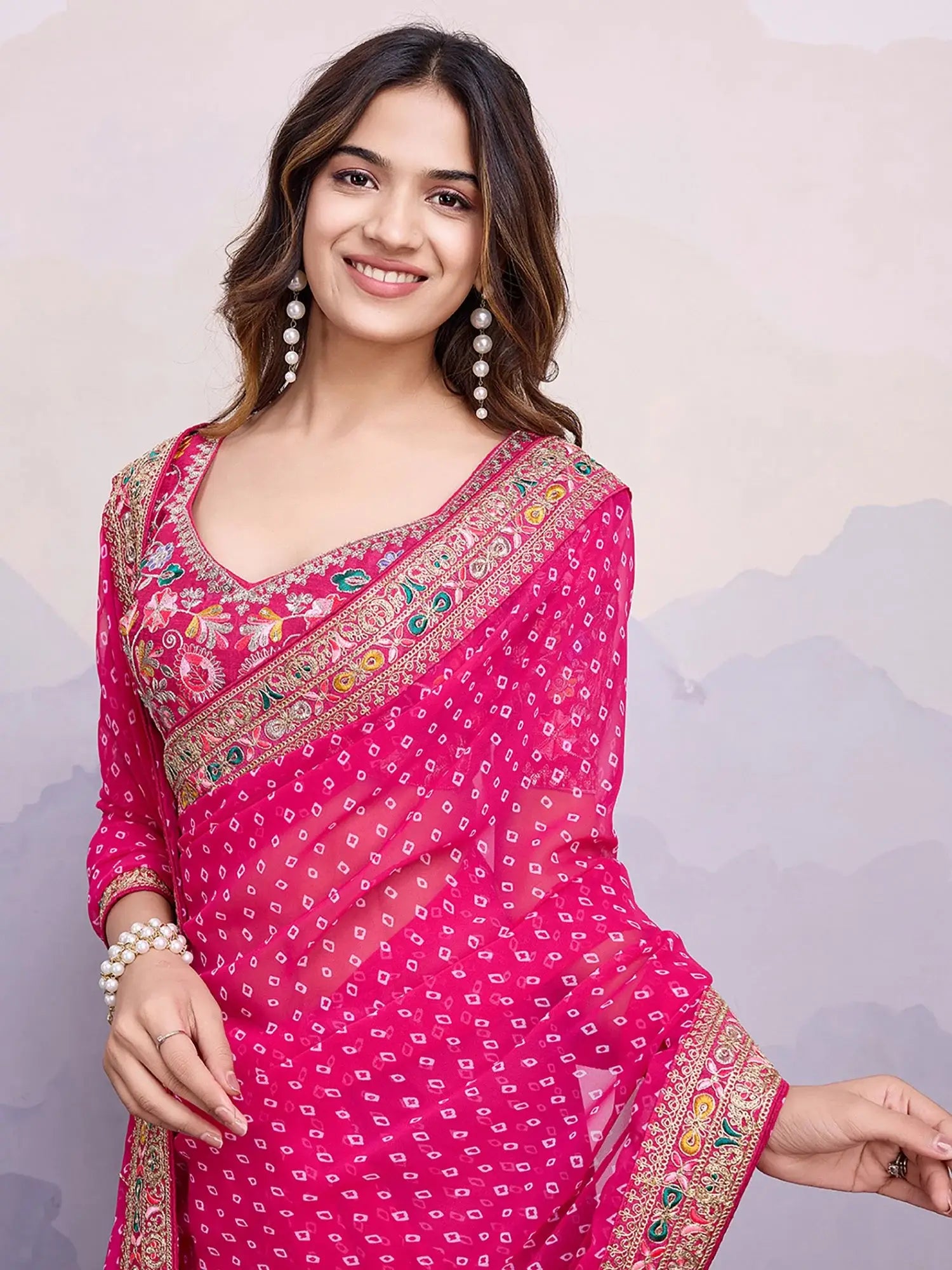 Stunning Pink Embroidered Border Georgette Party Wear Saree With Blouse - Zeel Clothing