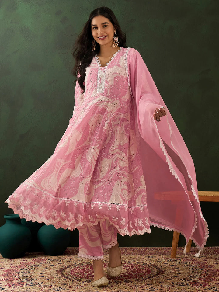 Stunning Pink Embroidered Cotton Readymade Anarkali Suit Pant - Zeel Clothing