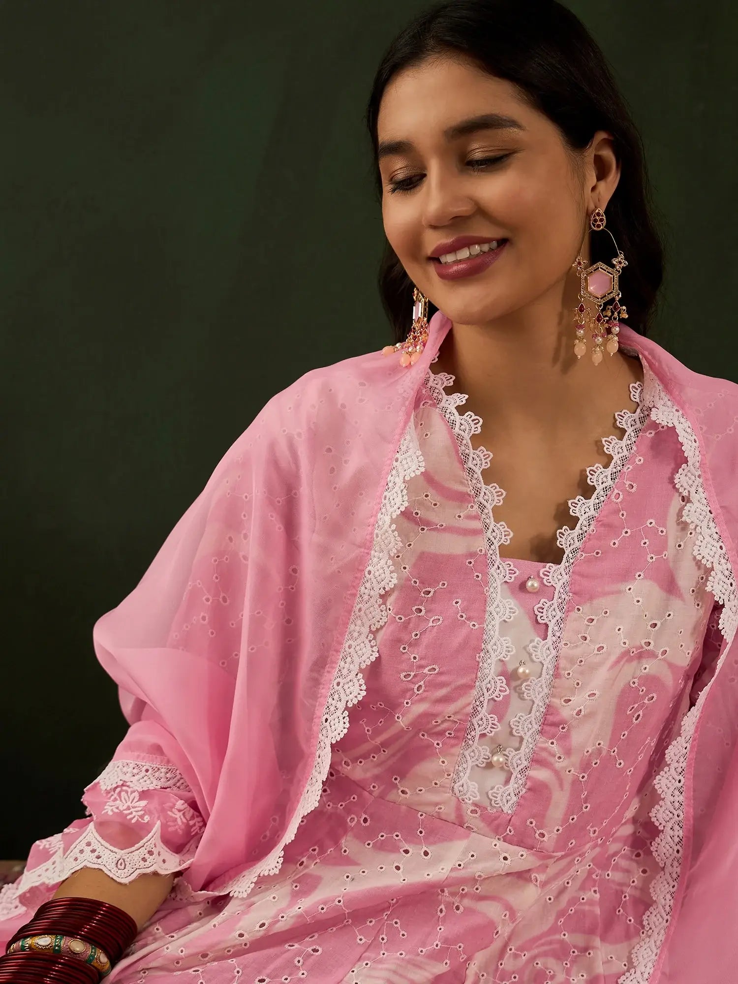 Stunning Pink Embroidered Cotton Readymade Anarkali Suit Pant - Zeel Clothing