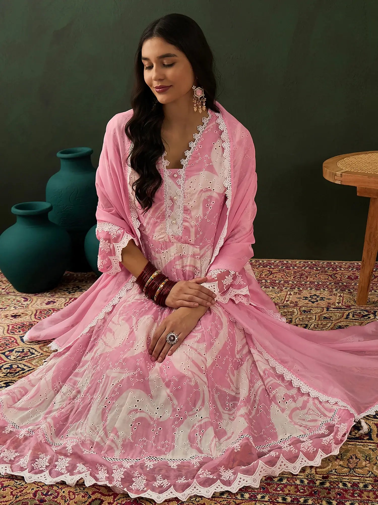 Stunning Pink Embroidered Cotton Readymade Anarkali Suit Pant - Zeel Clothing