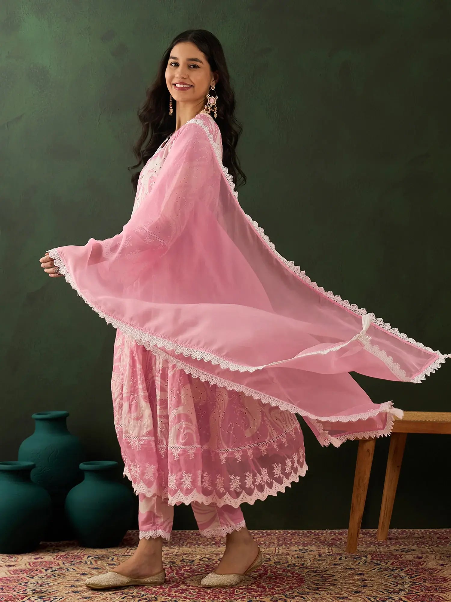 Stunning Pink Embroidered Cotton Readymade Anarkali Suit Pant - Zeel Clothing