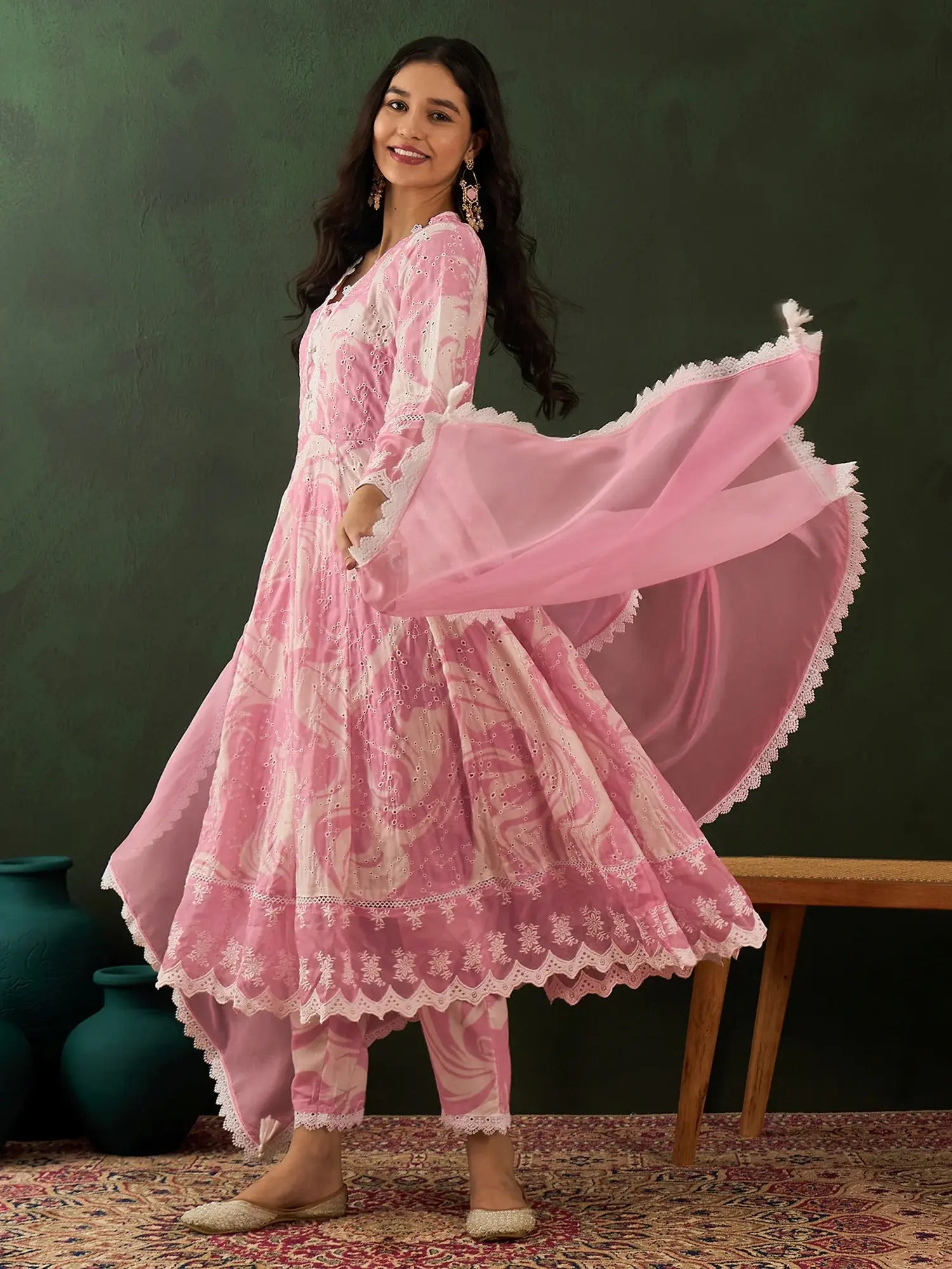 Stunning Pink Embroidered Cotton Readymade Anarkali Suit Pant - Zeel Clothing