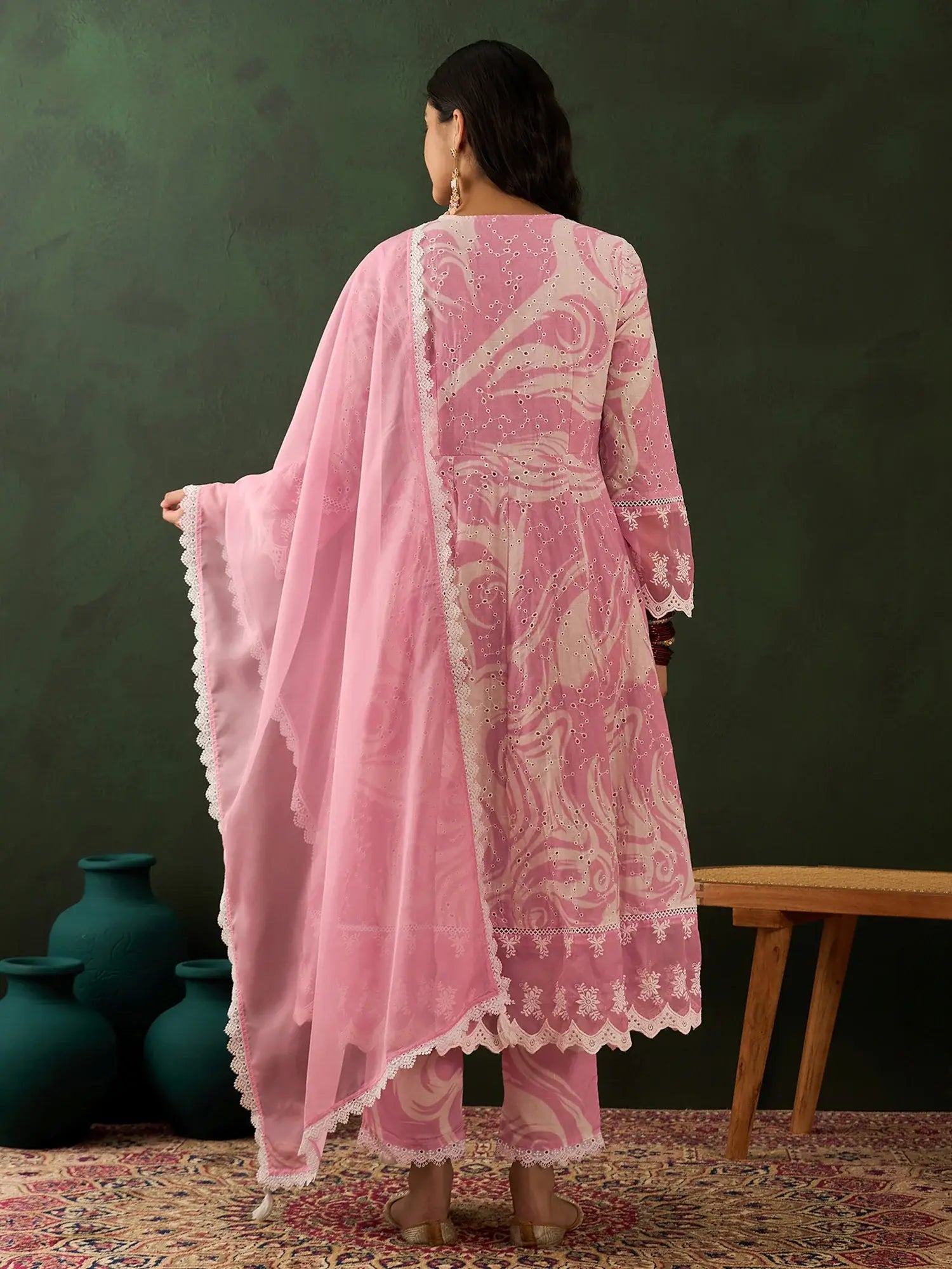 Stunning Pink Embroidered Cotton Readymade Anarkali Suit Pant - Zeel Clothing
