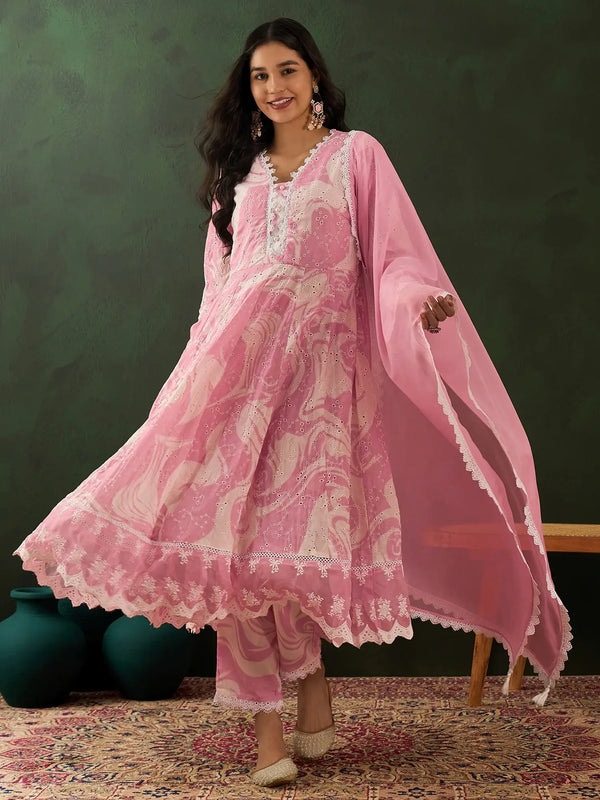 Stunning Pink Embroidered Cotton Readymade Anarkali Suit Pant - Zeel Clothing