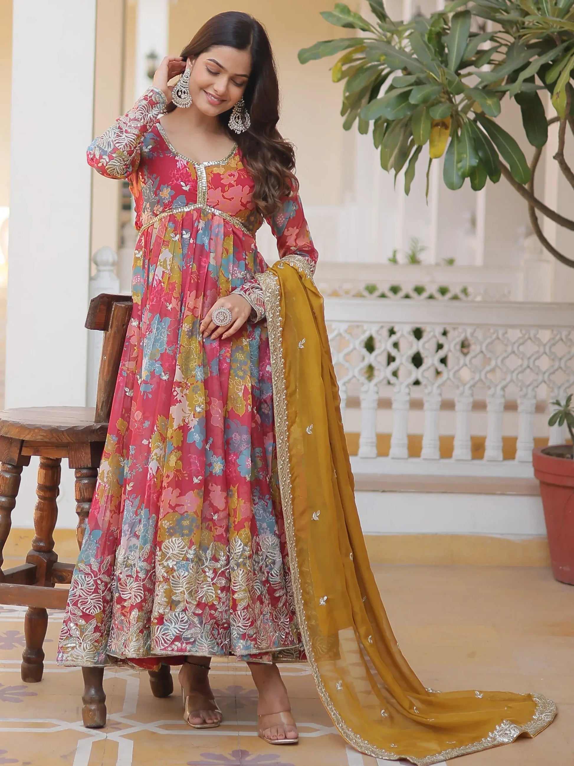 Stunning Pink Floral Printed Silk Event Wear Gown With Dupatta - Zeel Clothing