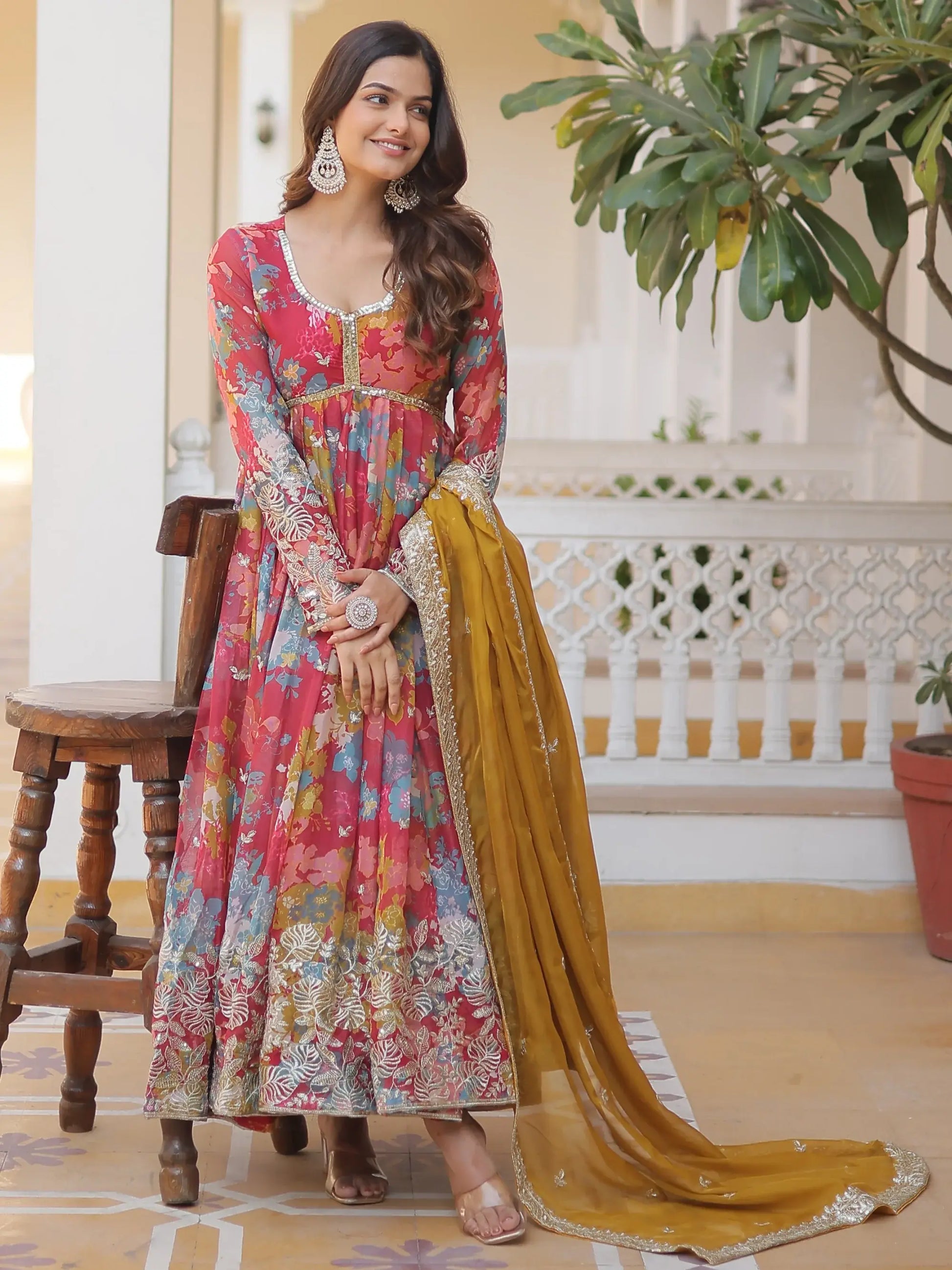 Stunning Pink Floral Printed Silk Event Wear Gown With Dupatta - Zeel Clothing