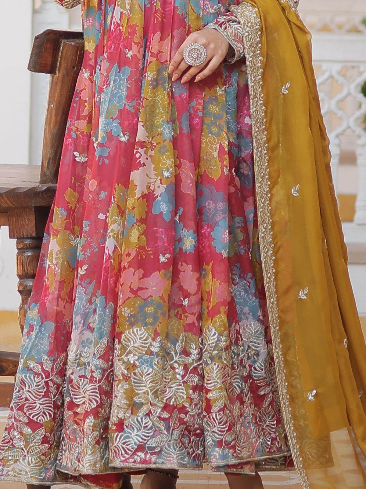 Stunning Pink Floral Printed Silk Event Wear Gown With Dupatta - Zeel Clothing