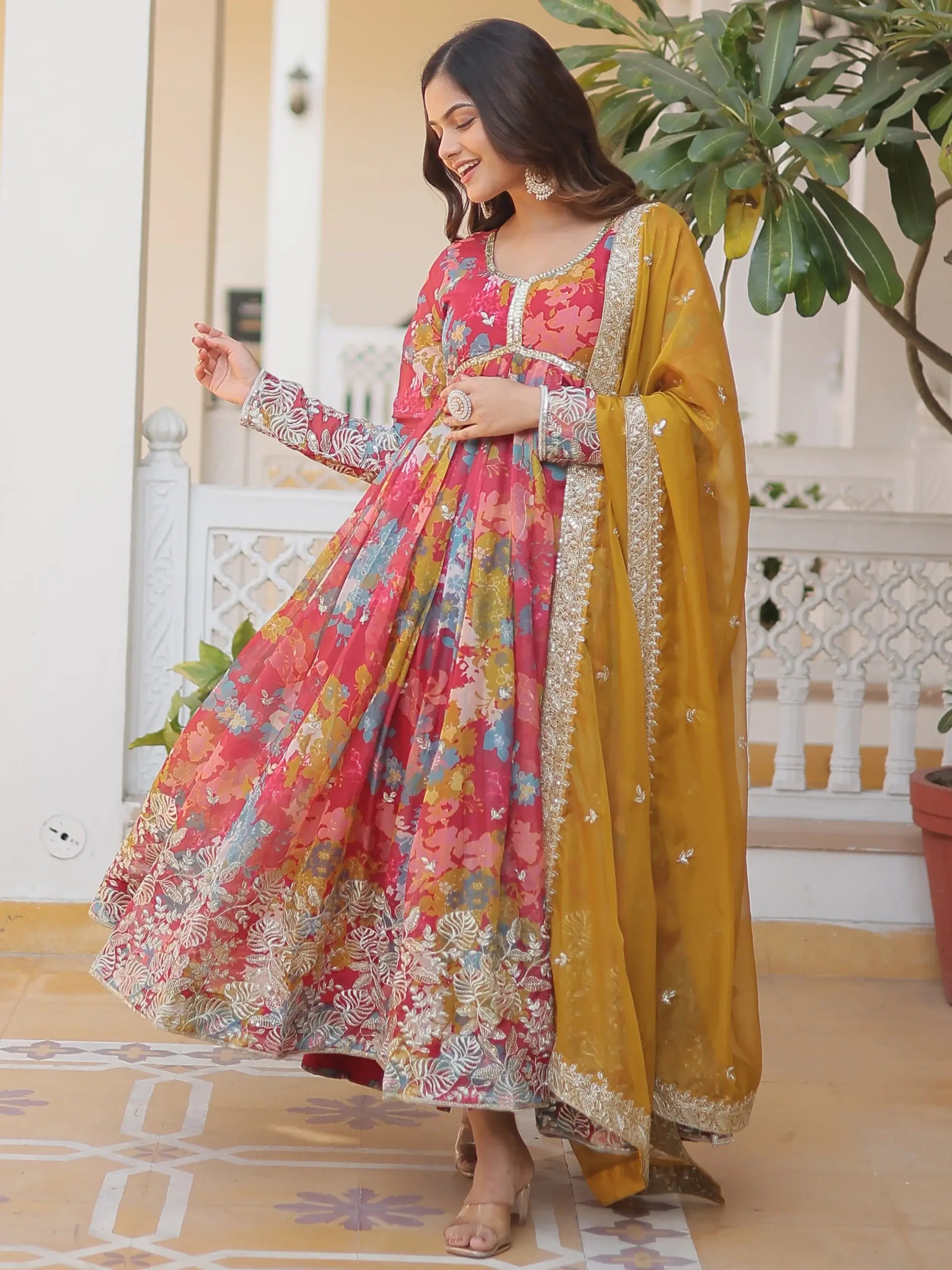 Stunning Pink Floral Printed Silk Event Wear Gown With Dupatta - Zeel Clothing