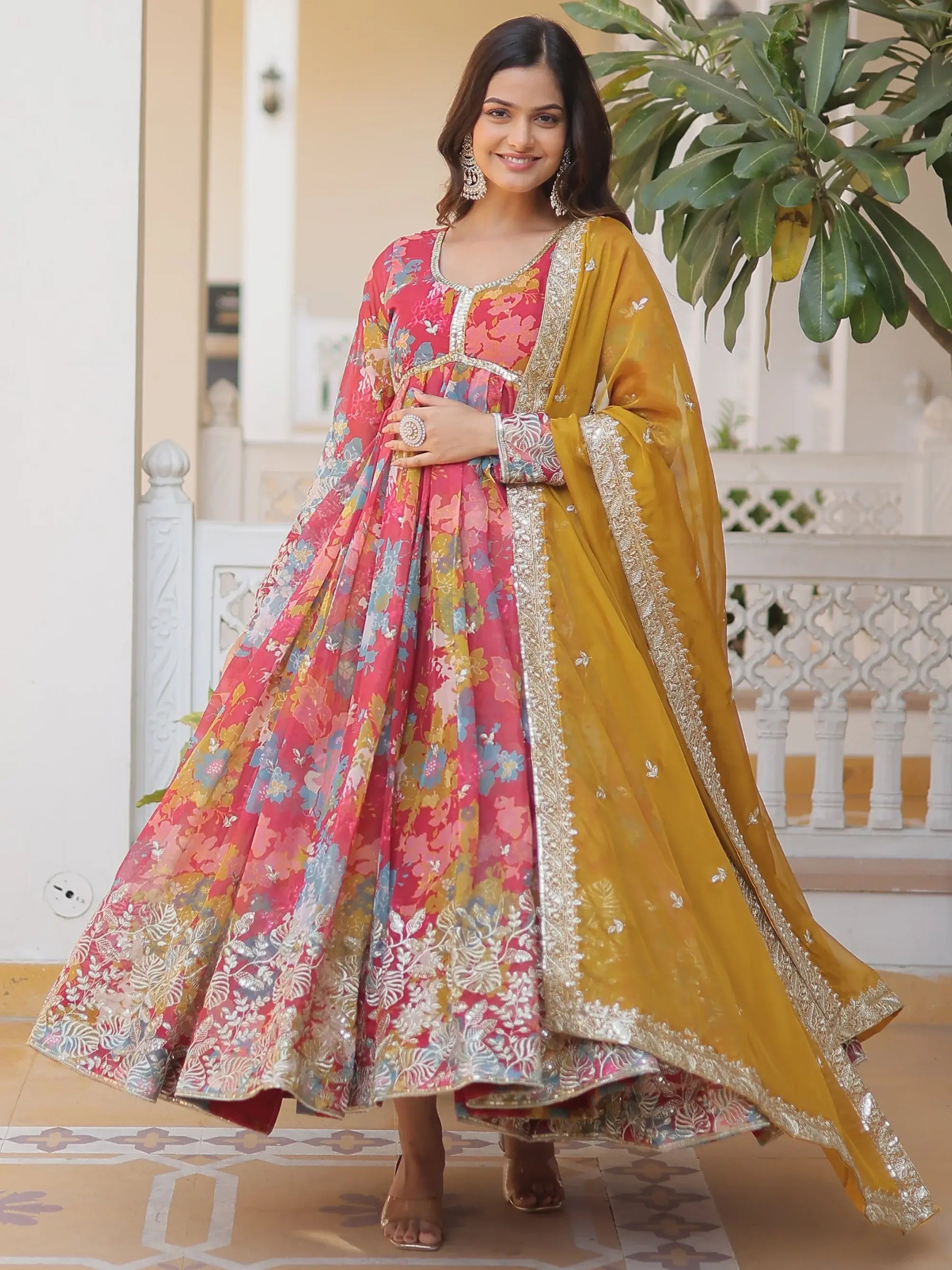Stunning Pink Floral Printed Silk Event Wear Gown With Dupatta - Zeel Clothing