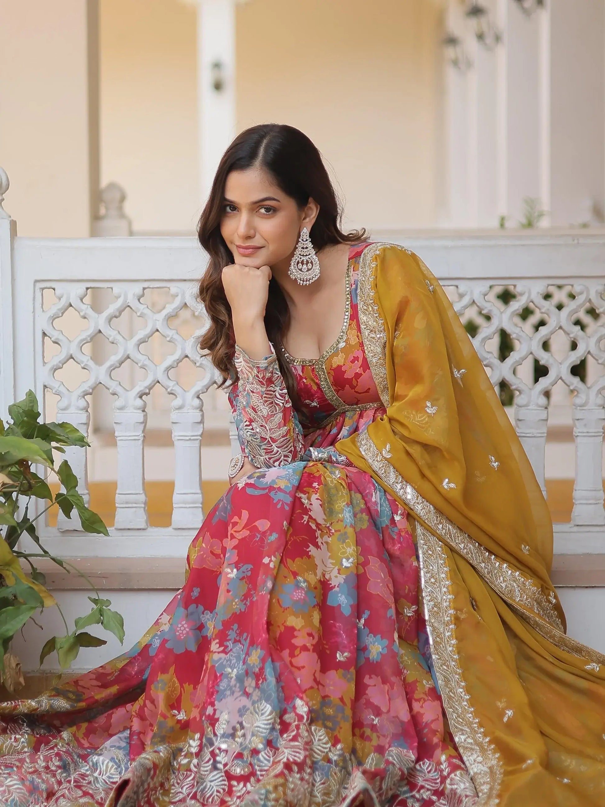 Stunning Pink Floral Printed Silk Event Wear Gown With Dupatta - Zeel Clothing