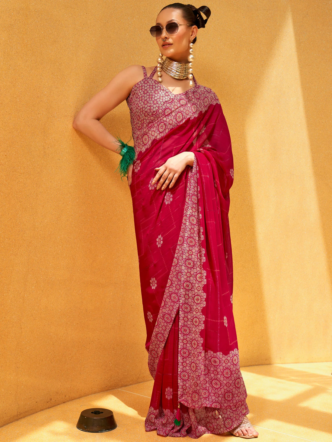 Stunning Pink Foil Printed Georgette Wedding Saree With Blouse - Zeel Clothing