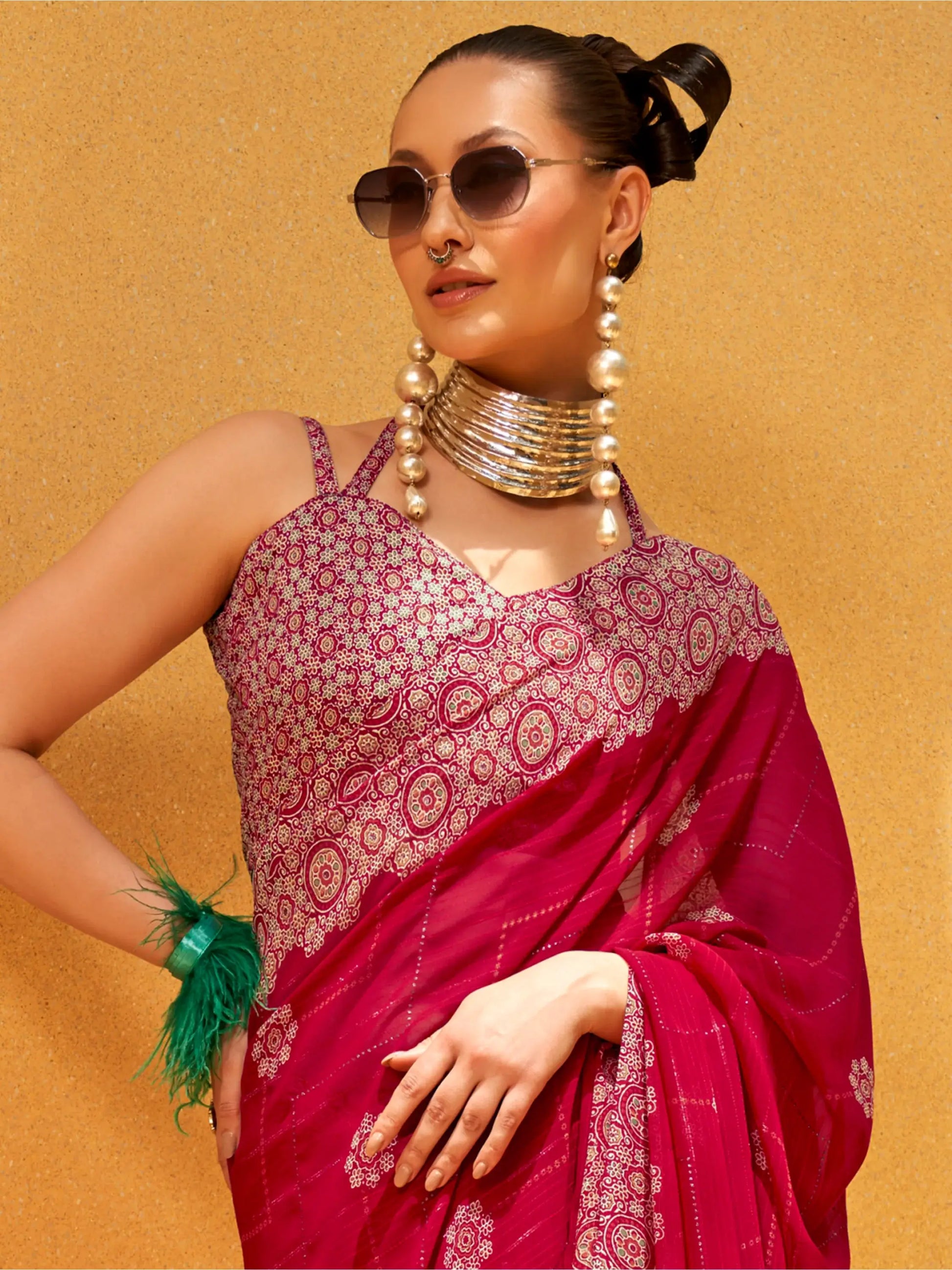 Stunning Pink Foil Printed Georgette Wedding Saree With Blouse - Zeel Clothing