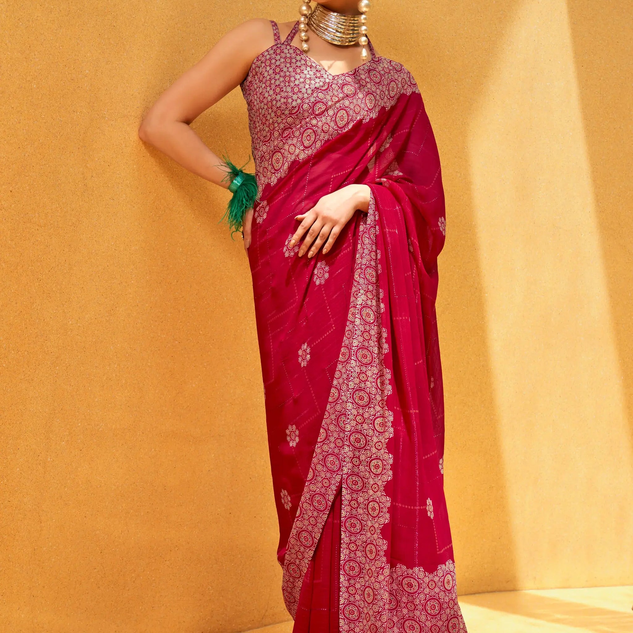 Stunning Pink Foil Printed Georgette Wedding Saree With Blouse - Zeel Clothing