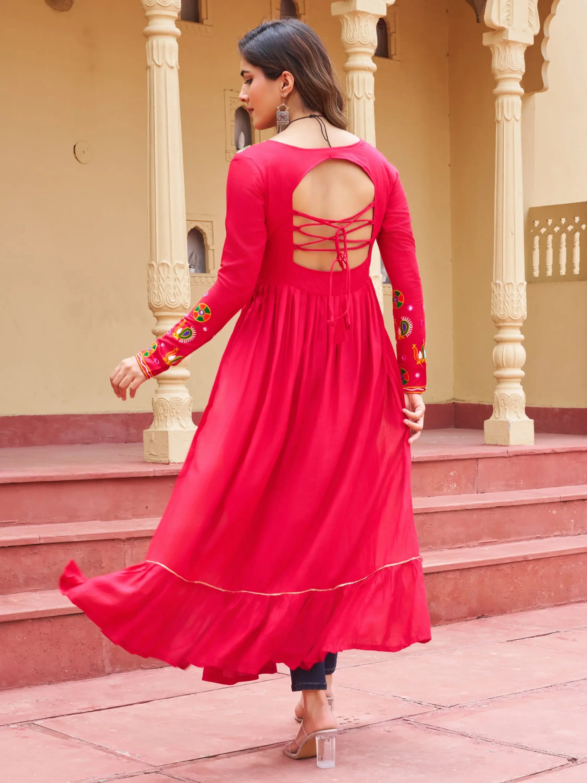 Stunning Pink Kutchi Gamthi Work Rayon Festive Wear Long Kurti - Zeel Clothing