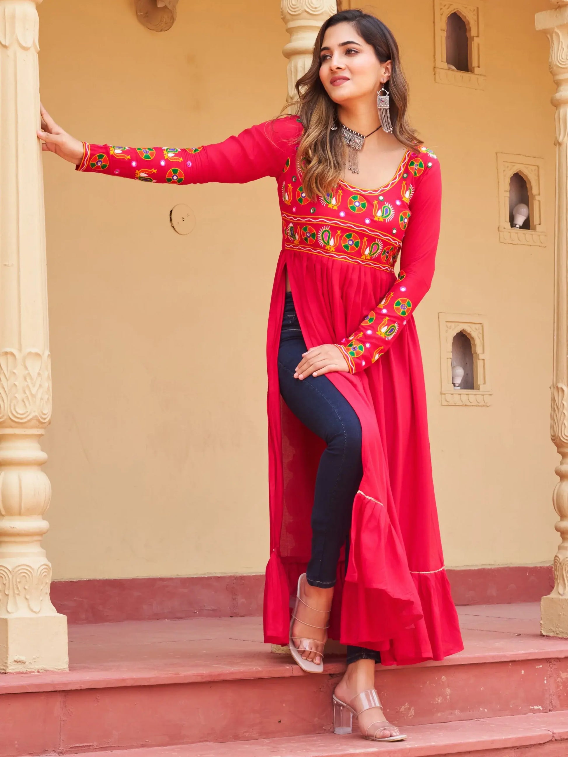 Stunning Pink Kutchi Gamthi Work Rayon Festive Wear Long Kurti - Zeel Clothing