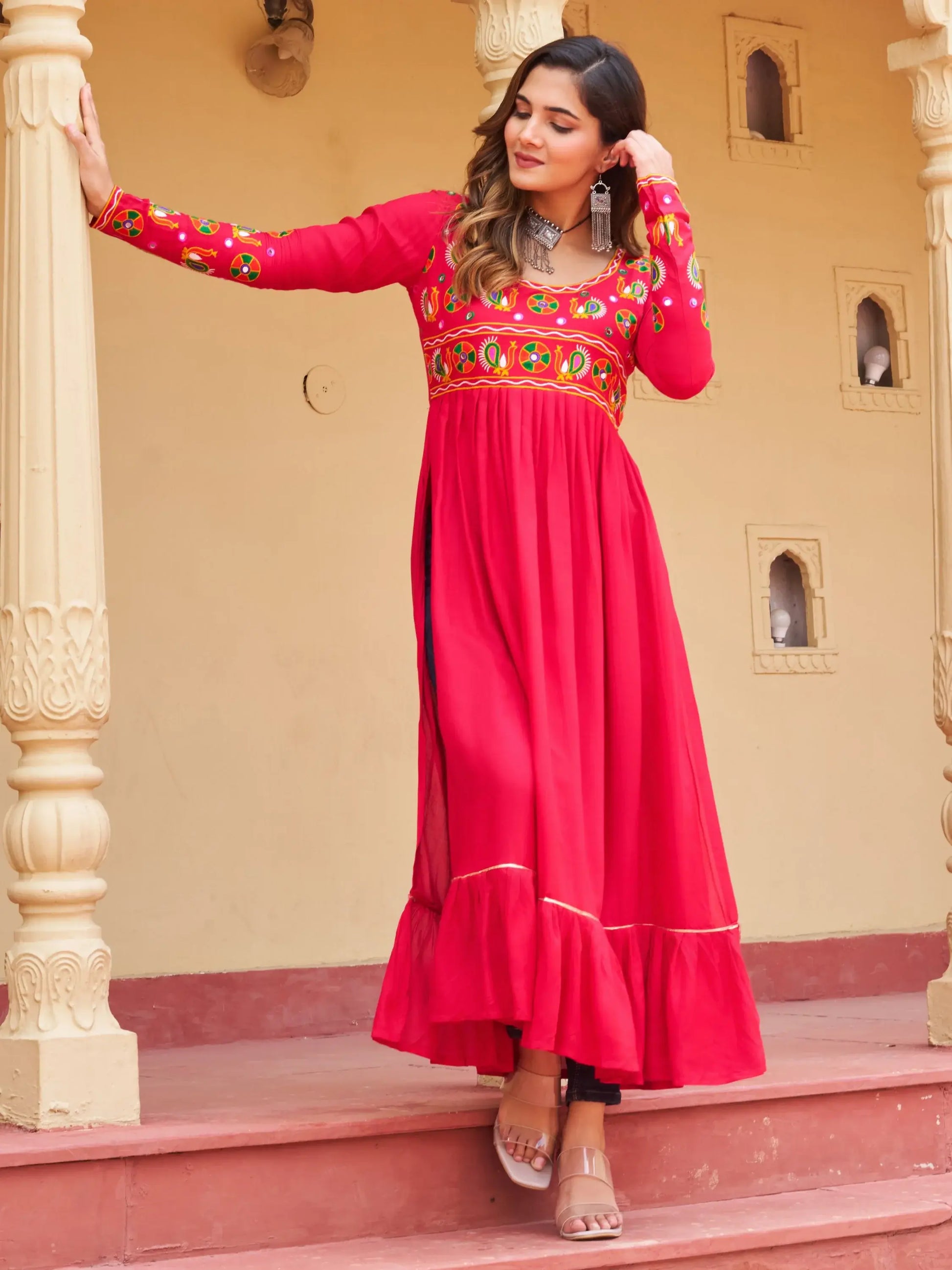 Stunning Pink Kutchi Gamthi Work Rayon Festive Wear Long Kurti - Zeel Clothing