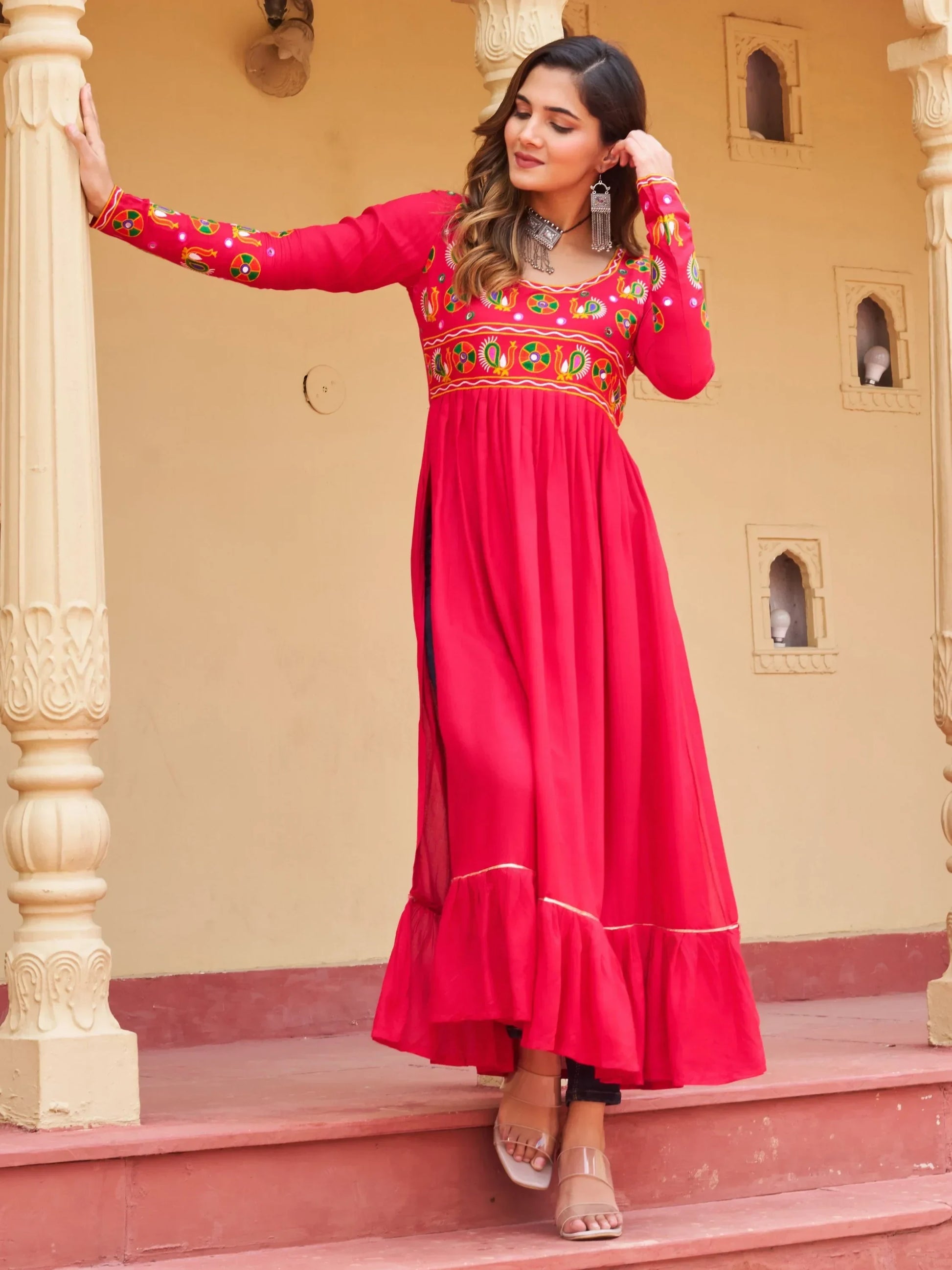 Stunning Pink Kutchi Gamthi Work Rayon Festive Wear Long Kurti - Zeel Clothing