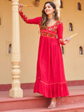 Stunning Pink Kutchi Gamthi Work Rayon Festive Wear Long Kurti - Zeel Clothing