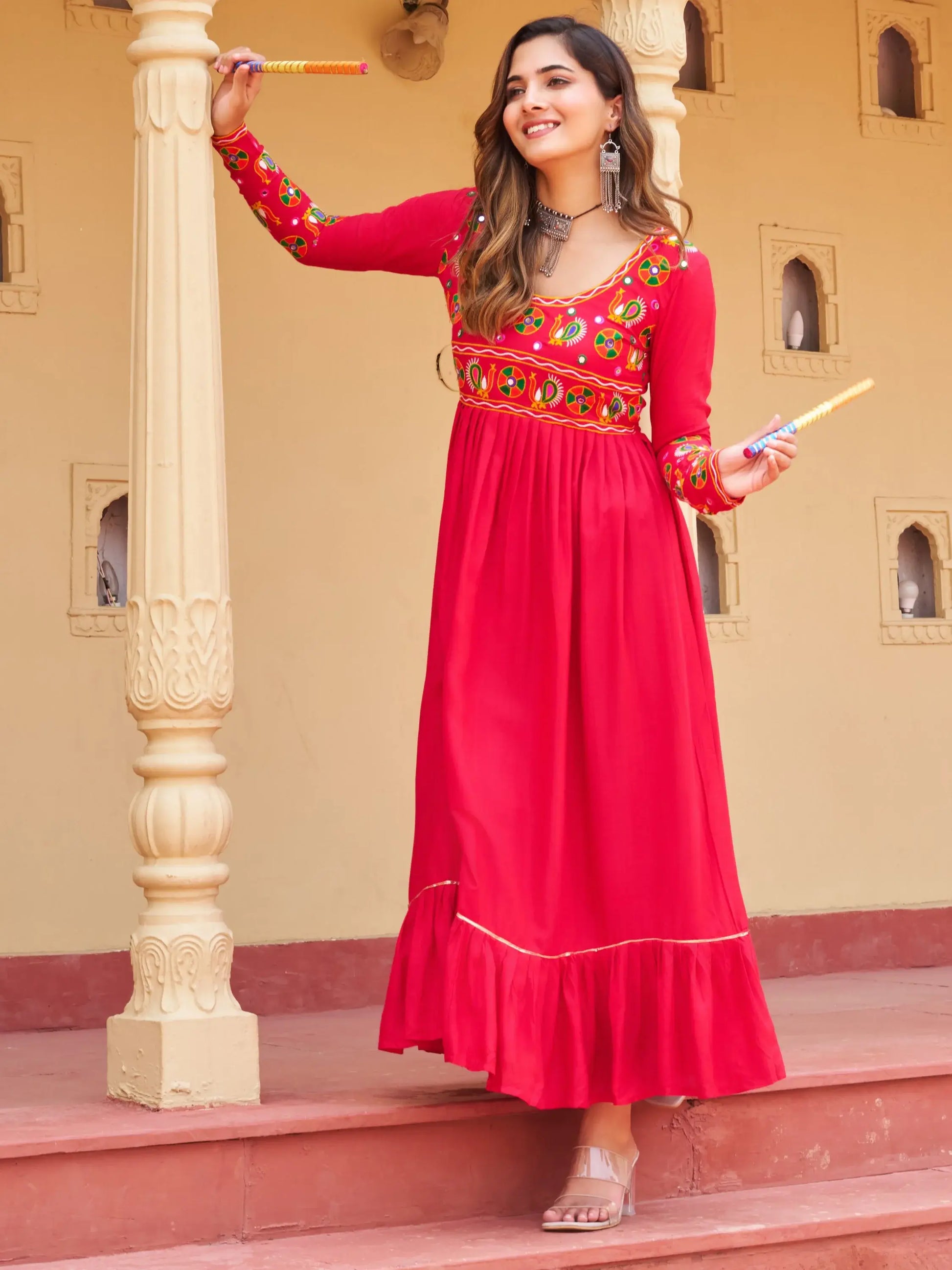 Stunning Pink Kutchi Gamthi Work Rayon Festive Wear Long Kurti - Zeel Clothing