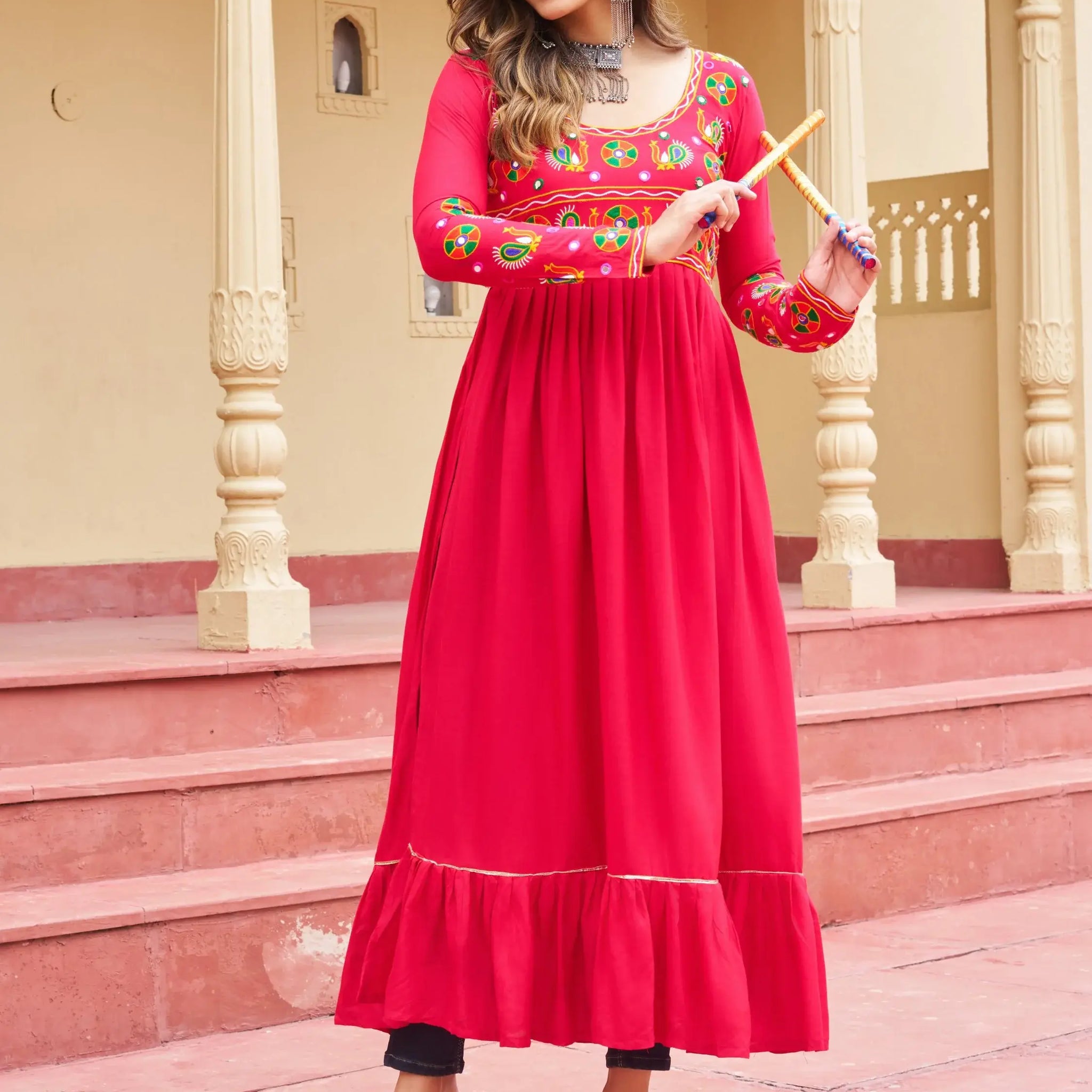 Stunning Pink Kutchi Gamthi Work Rayon Festive Wear Long Kurti - Zeel Clothing