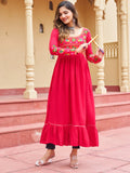 Stunning Pink Kutchi Gamthi Work Rayon Festive Wear Long Kurti - Zeel Clothing