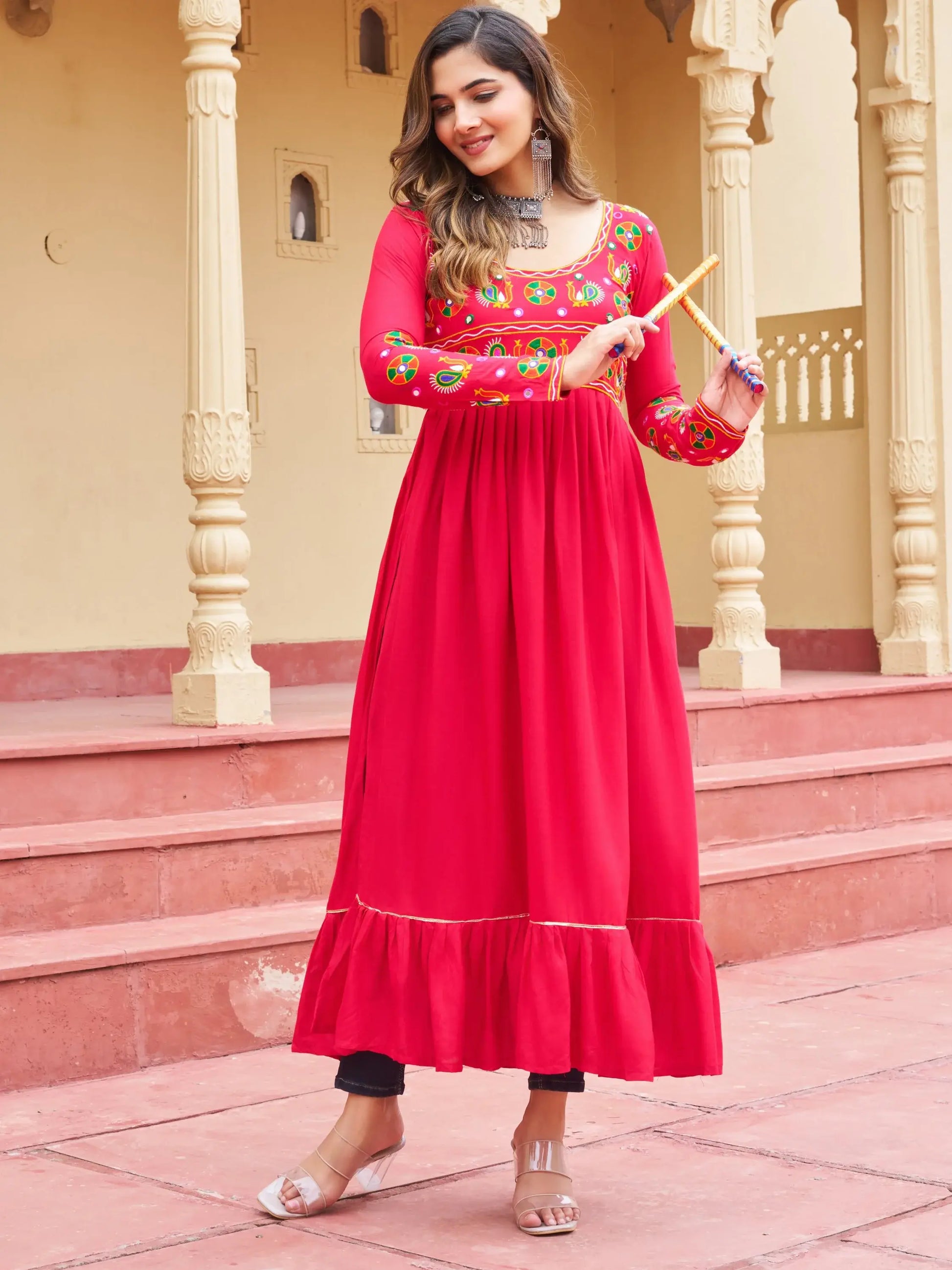 Stunning Pink Kutchi Gamthi Work Rayon Festive Wear Long Kurti - Zeel Clothing