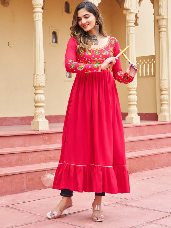 Stunning Pink Kutchi Gamthi Work Rayon Festive Wear Long Kurti - Zeel Clothing